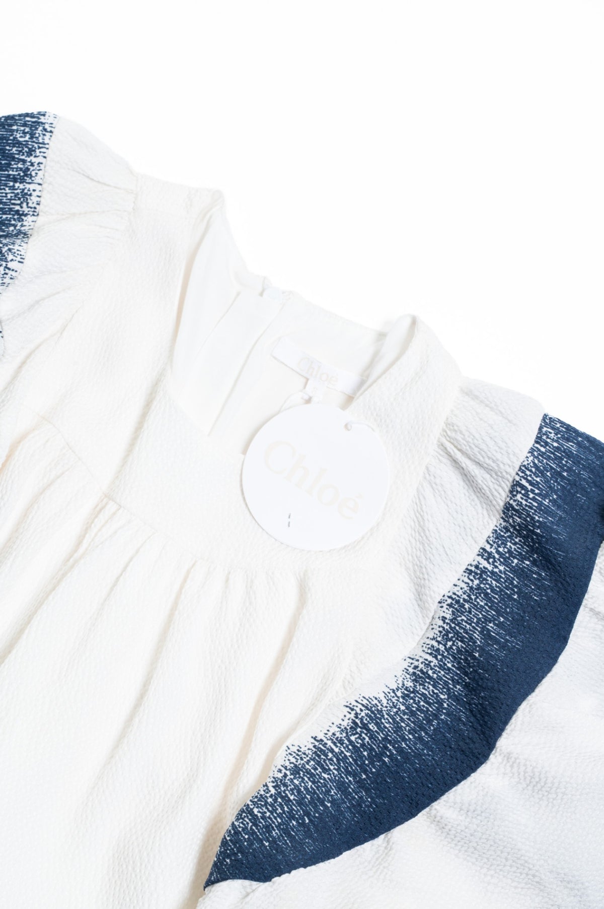 Girls White & Navy Ruffle Sleeve Dress