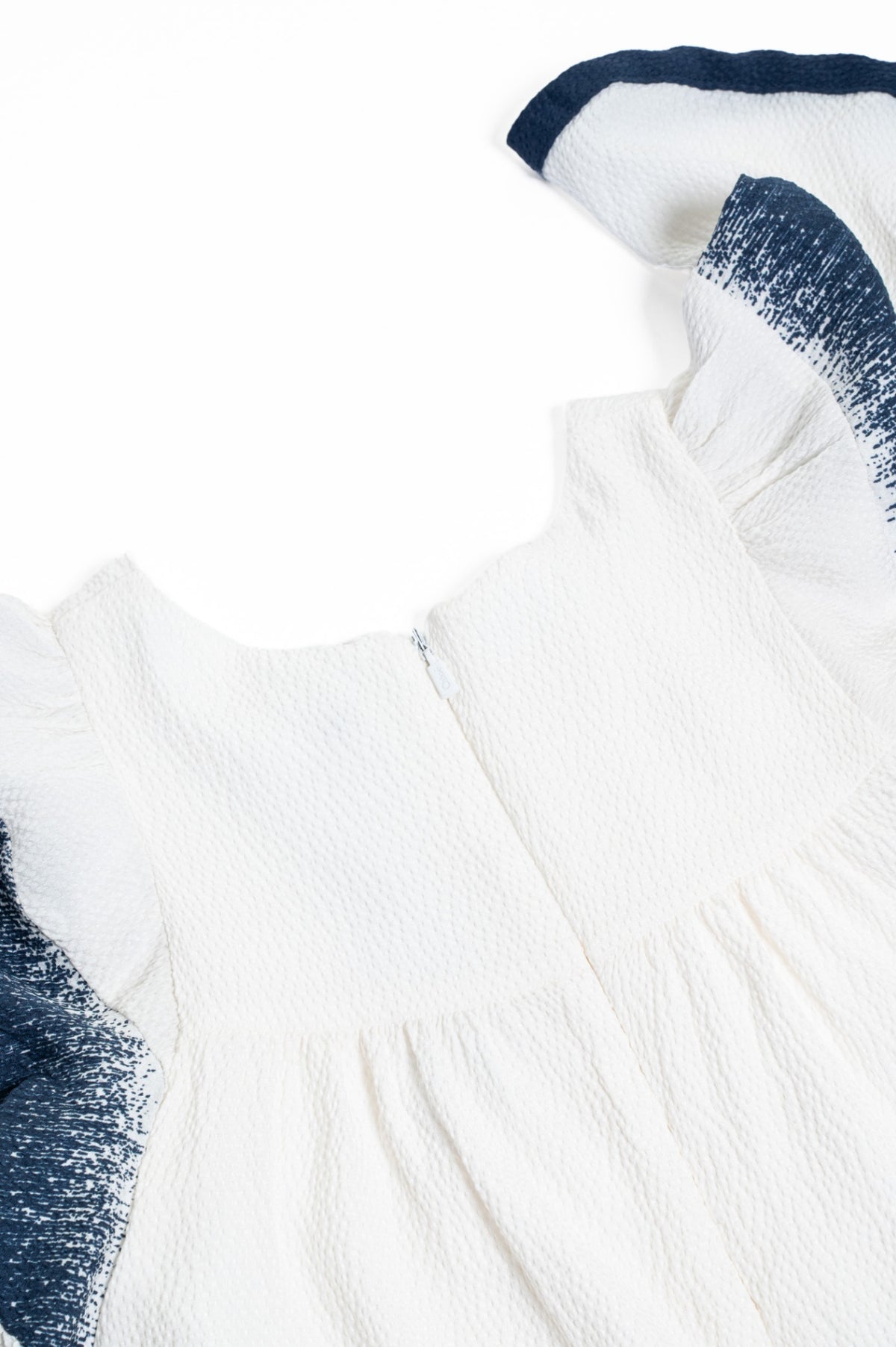 Girls White & Navy Ruffle Sleeve Dress