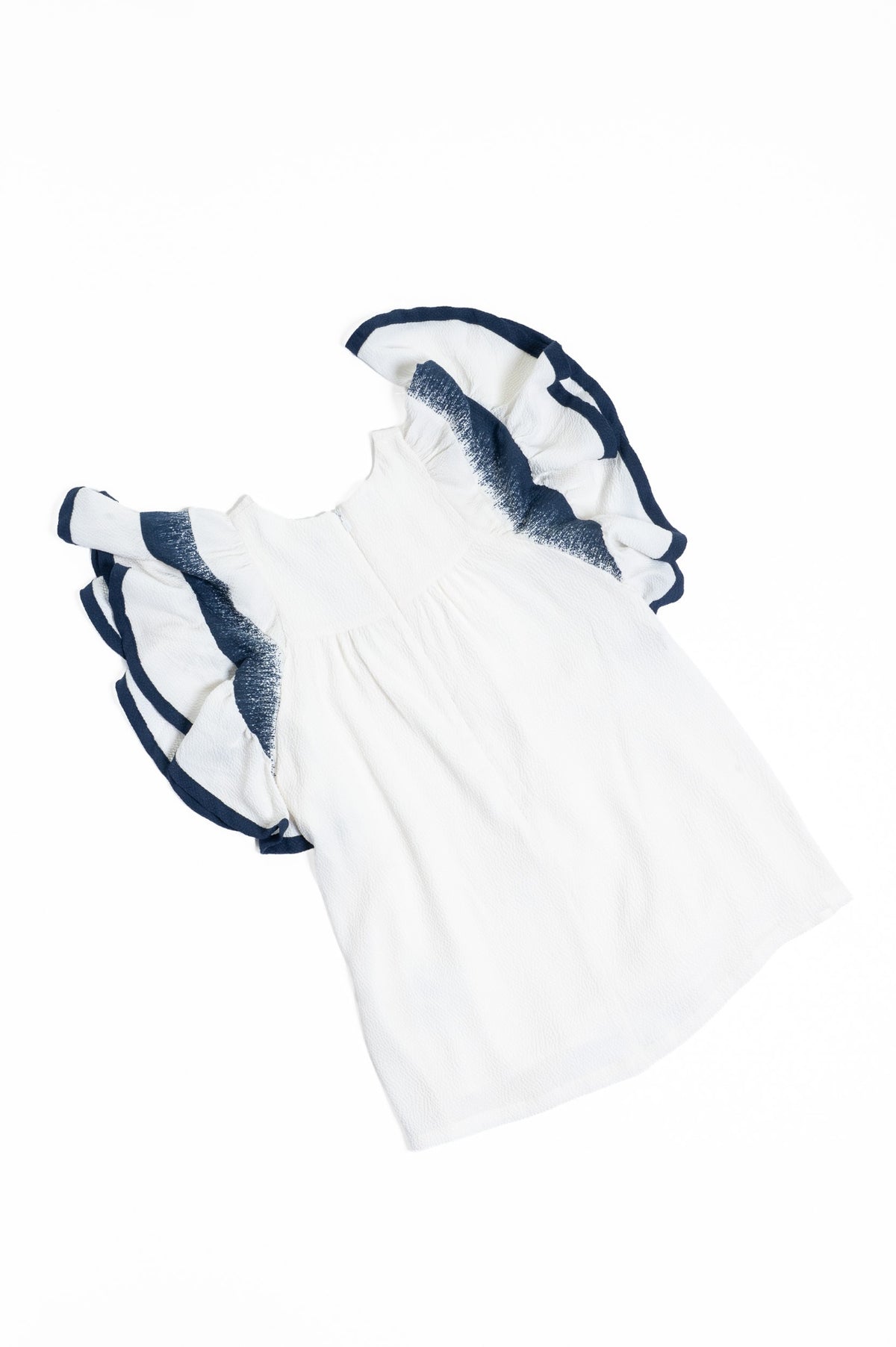 Girls White & Navy Ruffle Sleeve Dress