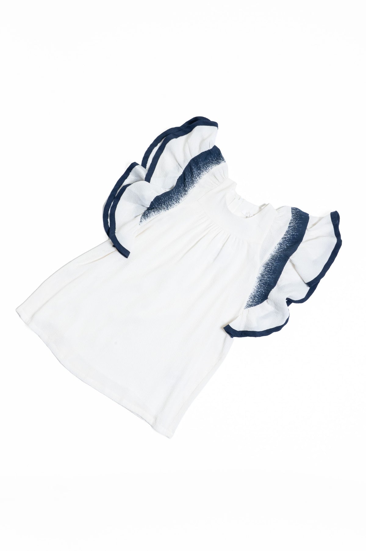Girls White & Navy Ruffle Sleeve Dress