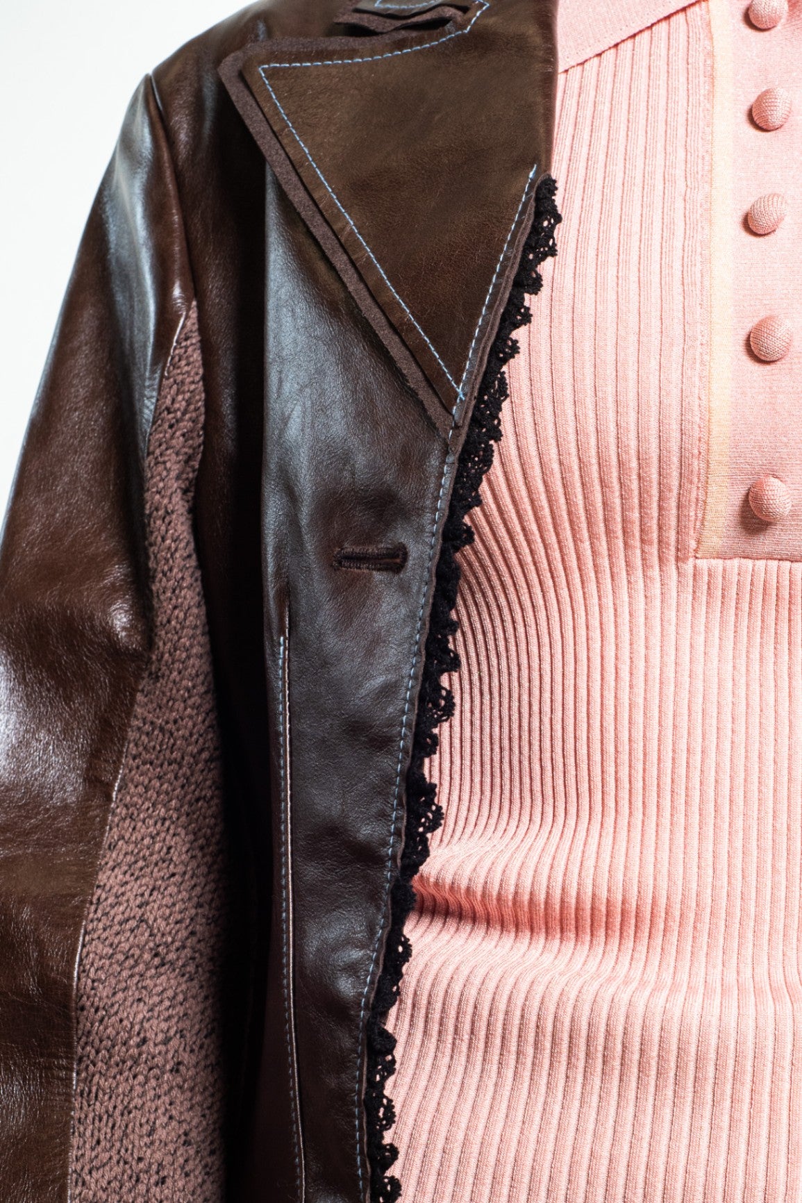 Brown Genuine Leather Jacket with Knit Panelling