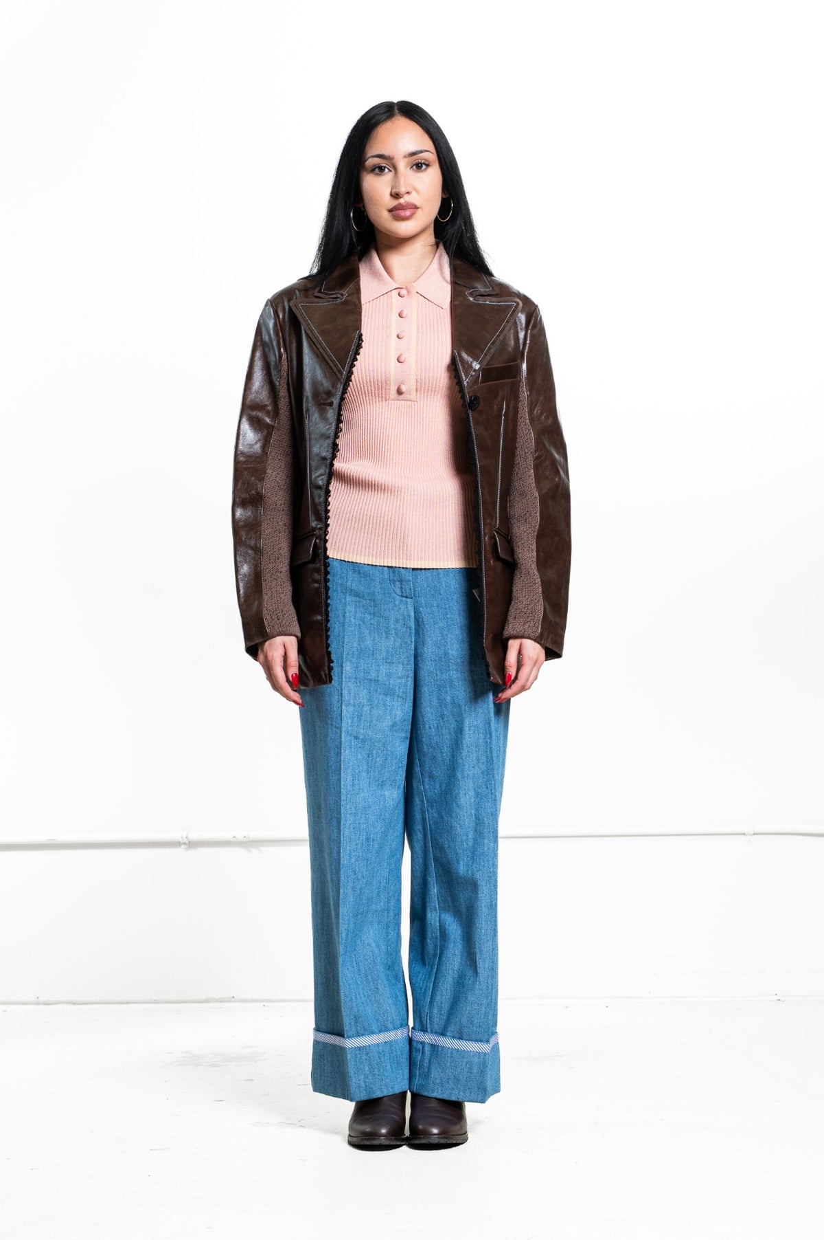 Brown Genuine Leather Jacket with Knit Panelling