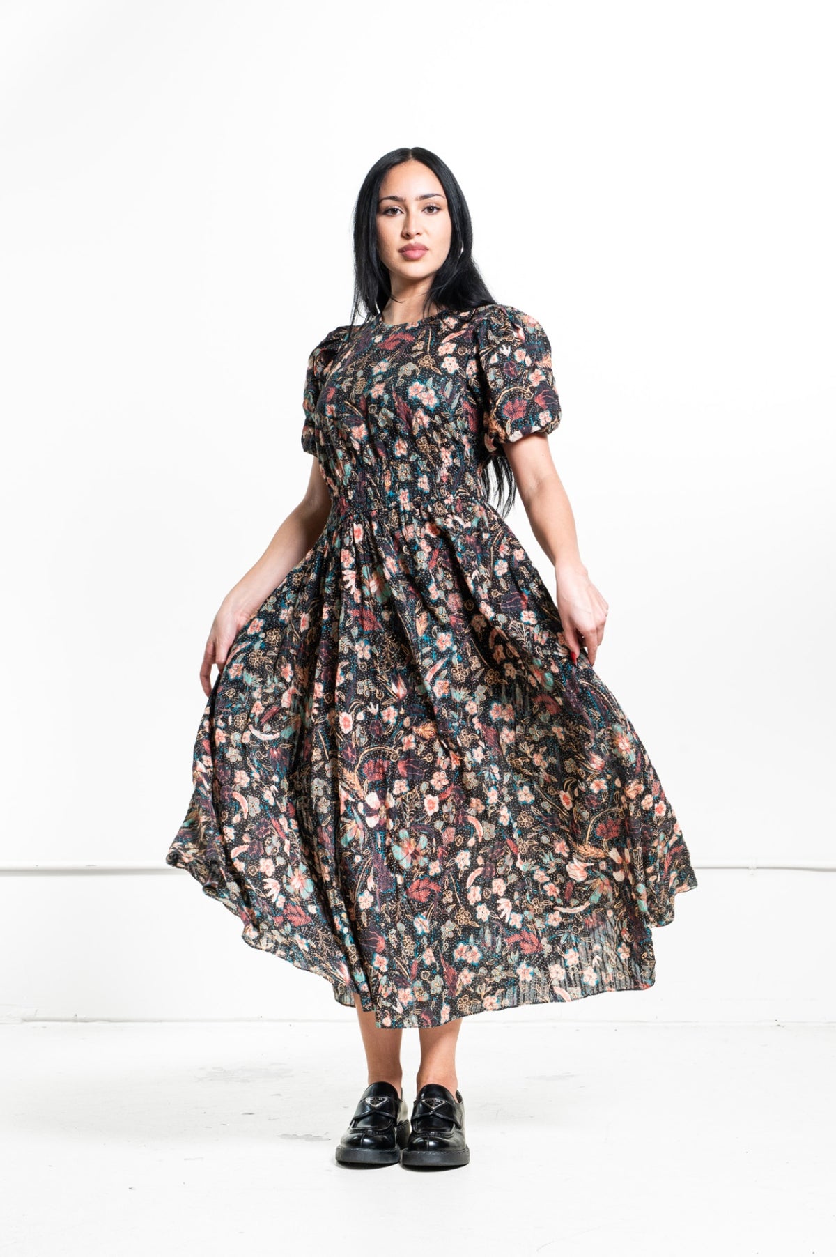 Multicolor Eden Puff-Sleeve Floral Print Midi Dress