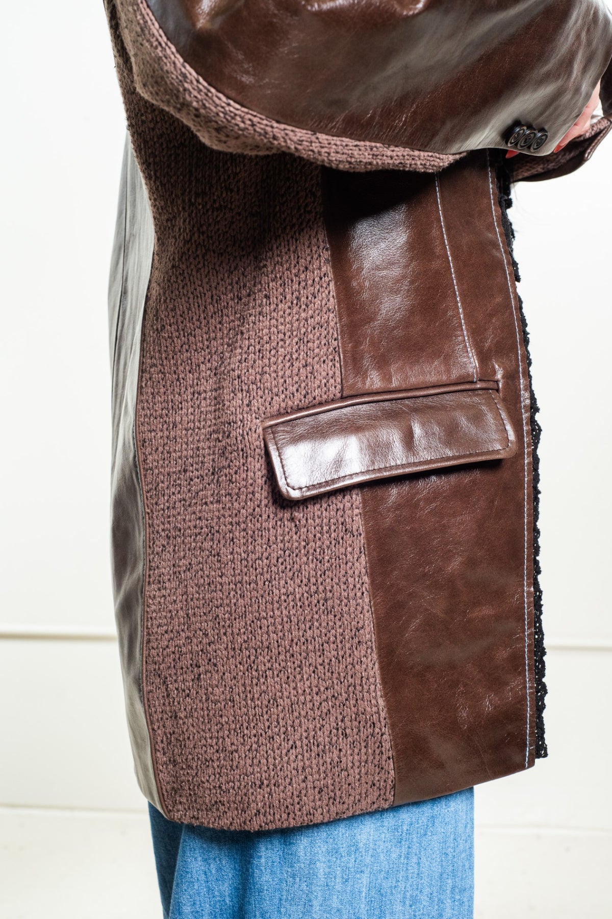 Brown Genuine Leather Jacket with Knit Panelling