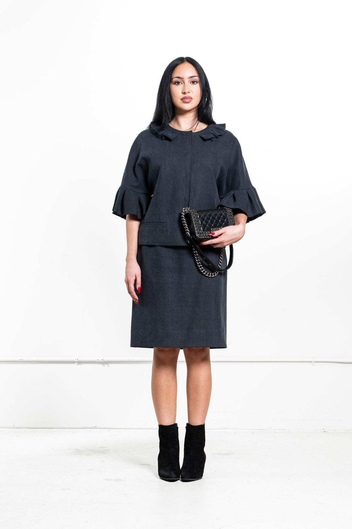Dark Gray Woven Ruffle Neck Jacket