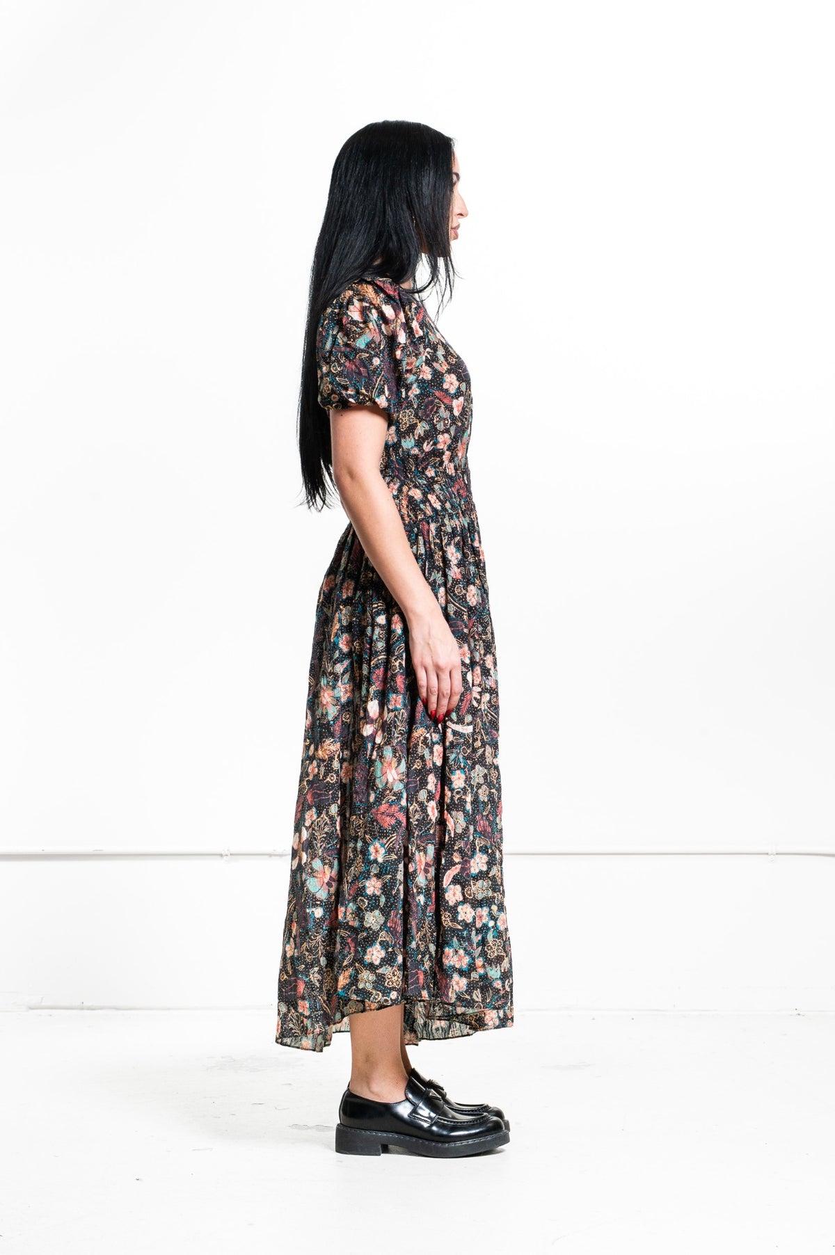 Multicolor Eden Puff-Sleeve Floral Print Midi Dress