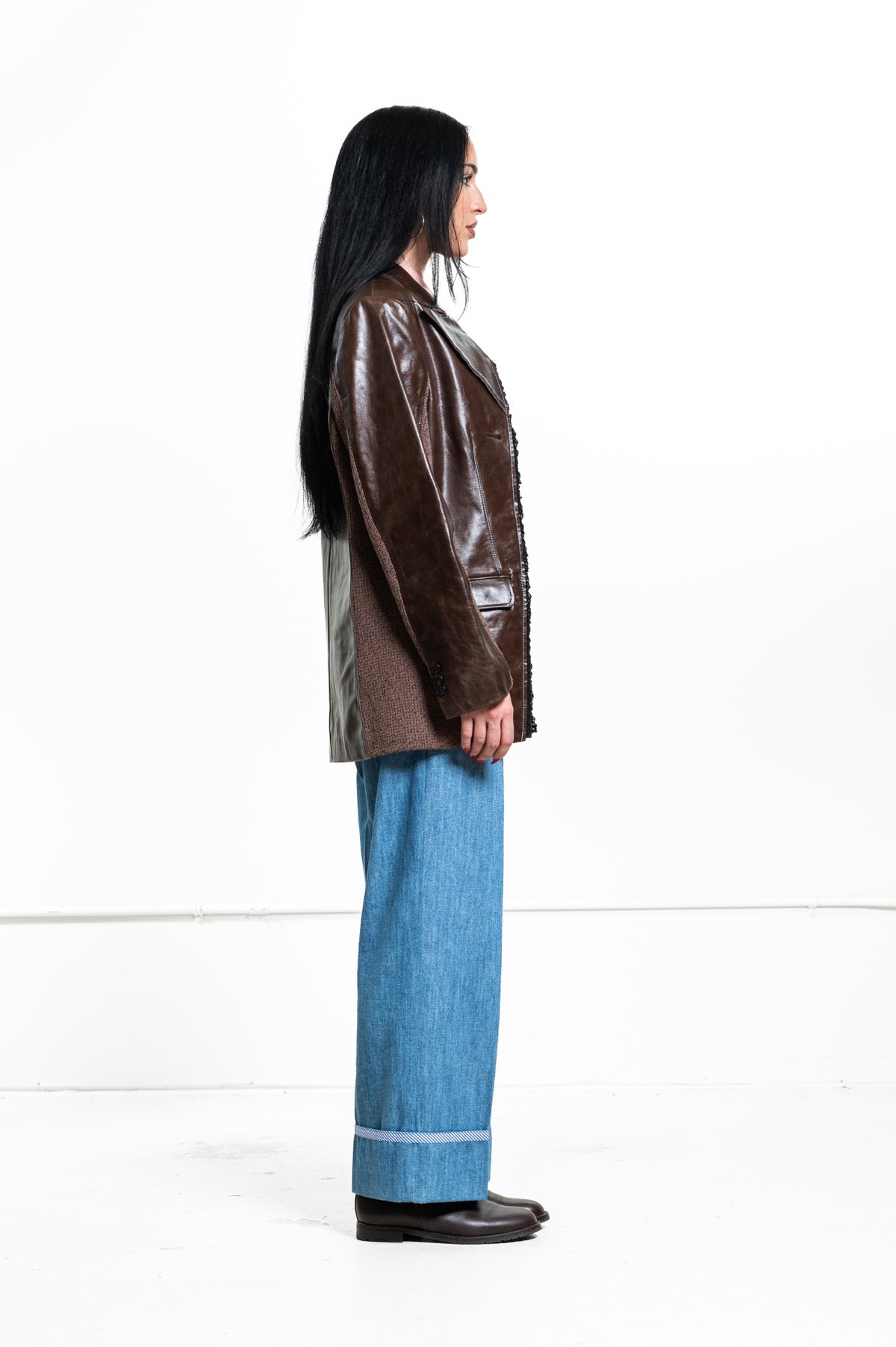 Brown Genuine Leather Jacket with Knit Panelling
