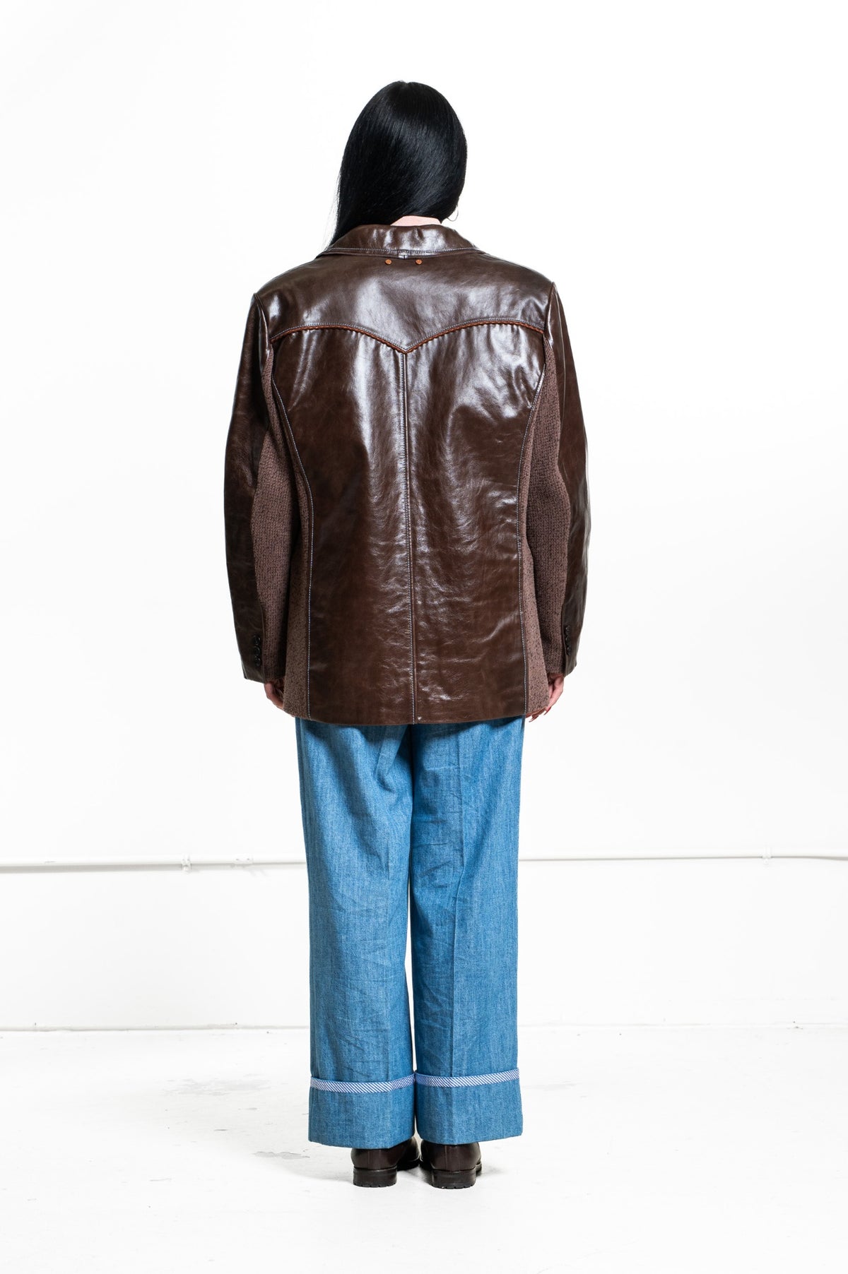 Brown Genuine Leather Jacket with Knit Panelling