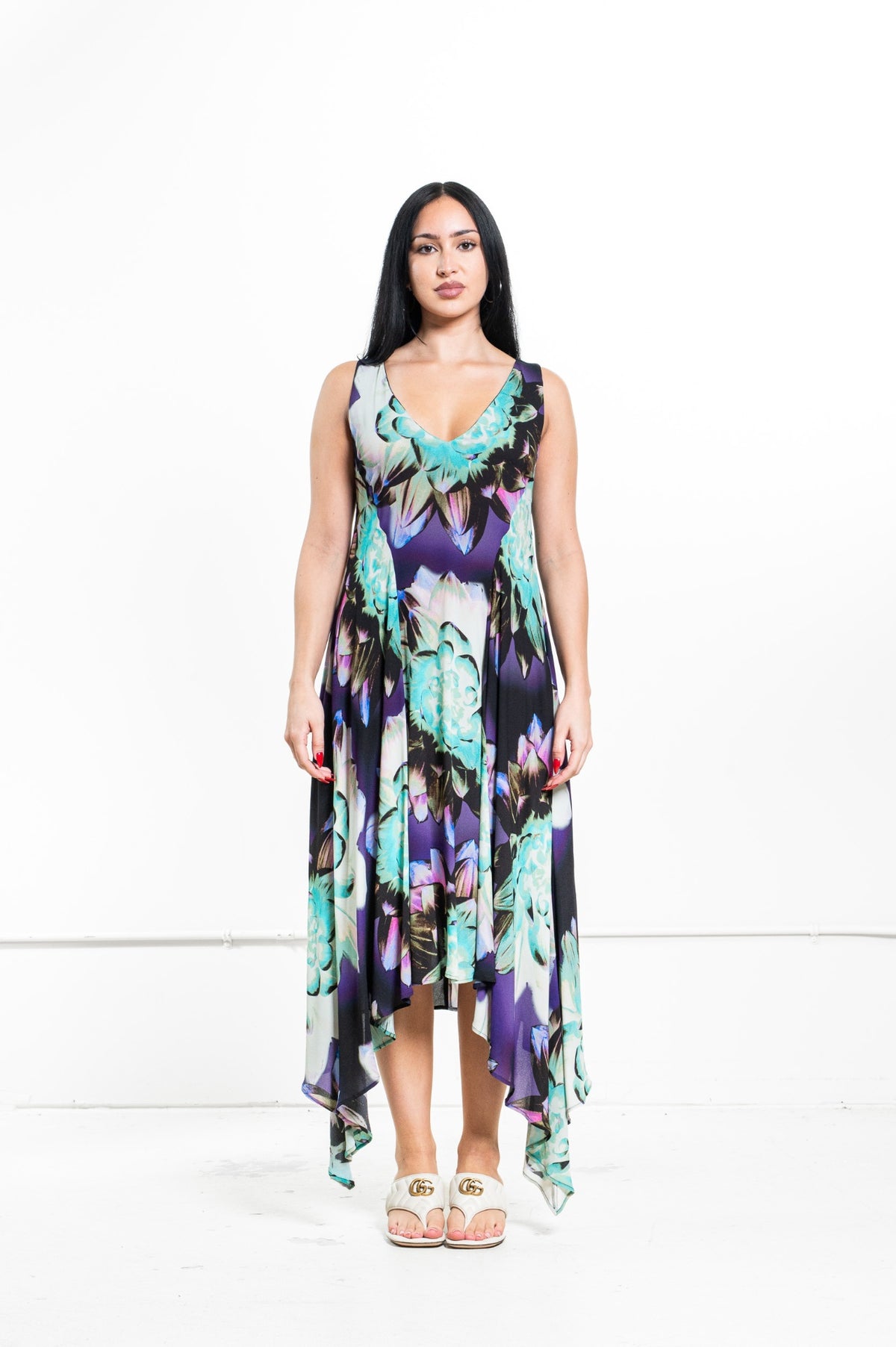 Multicolor V-Neck Sleeveless Floral Midi Dress with Handkerchief Hem