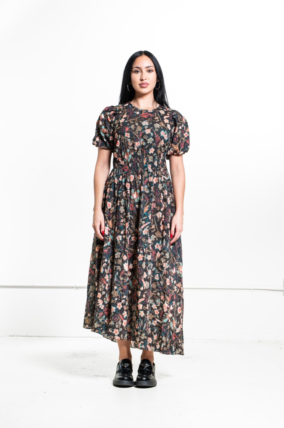 Multicolor Eden Puff-Sleeve Floral Print Midi Dress