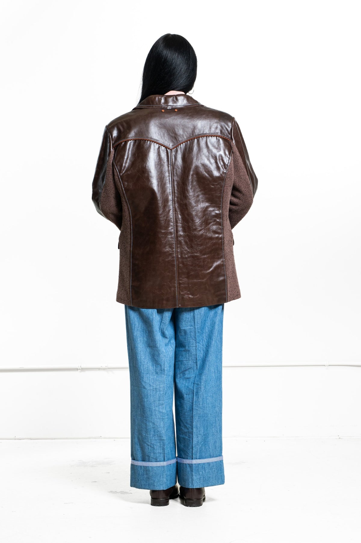 Brown Genuine Leather Jacket with Knit Panelling