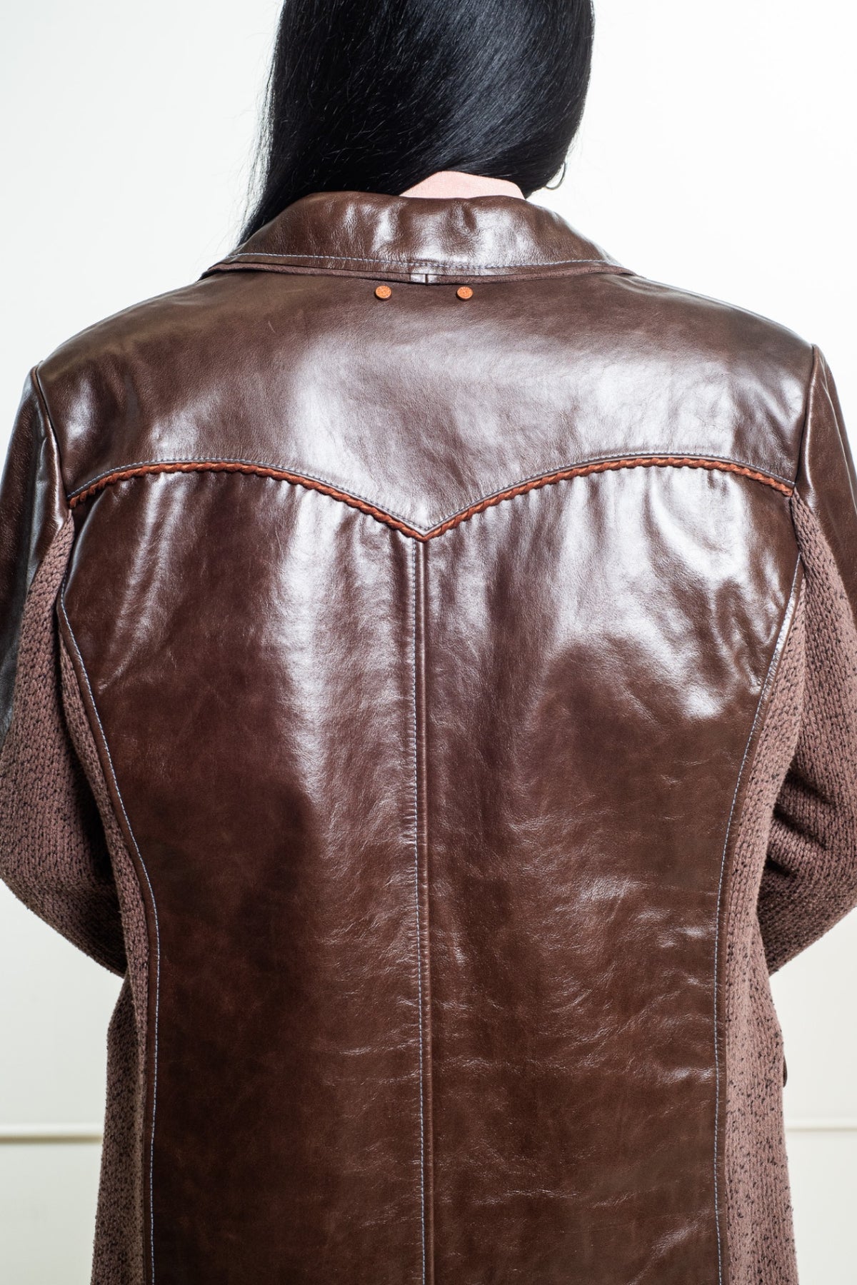 Brown Genuine Leather Jacket with Knit Panelling