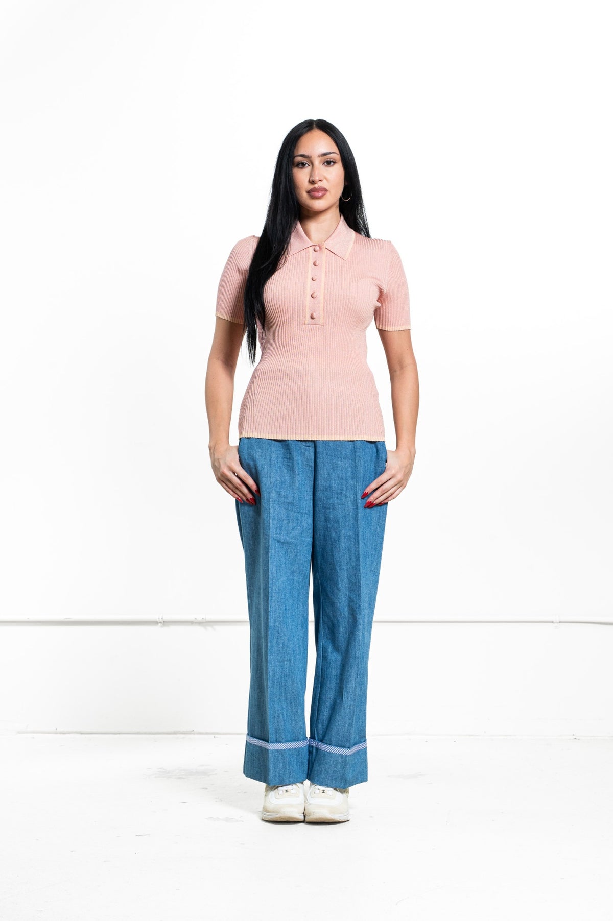 Pink Ribbed Polo Top