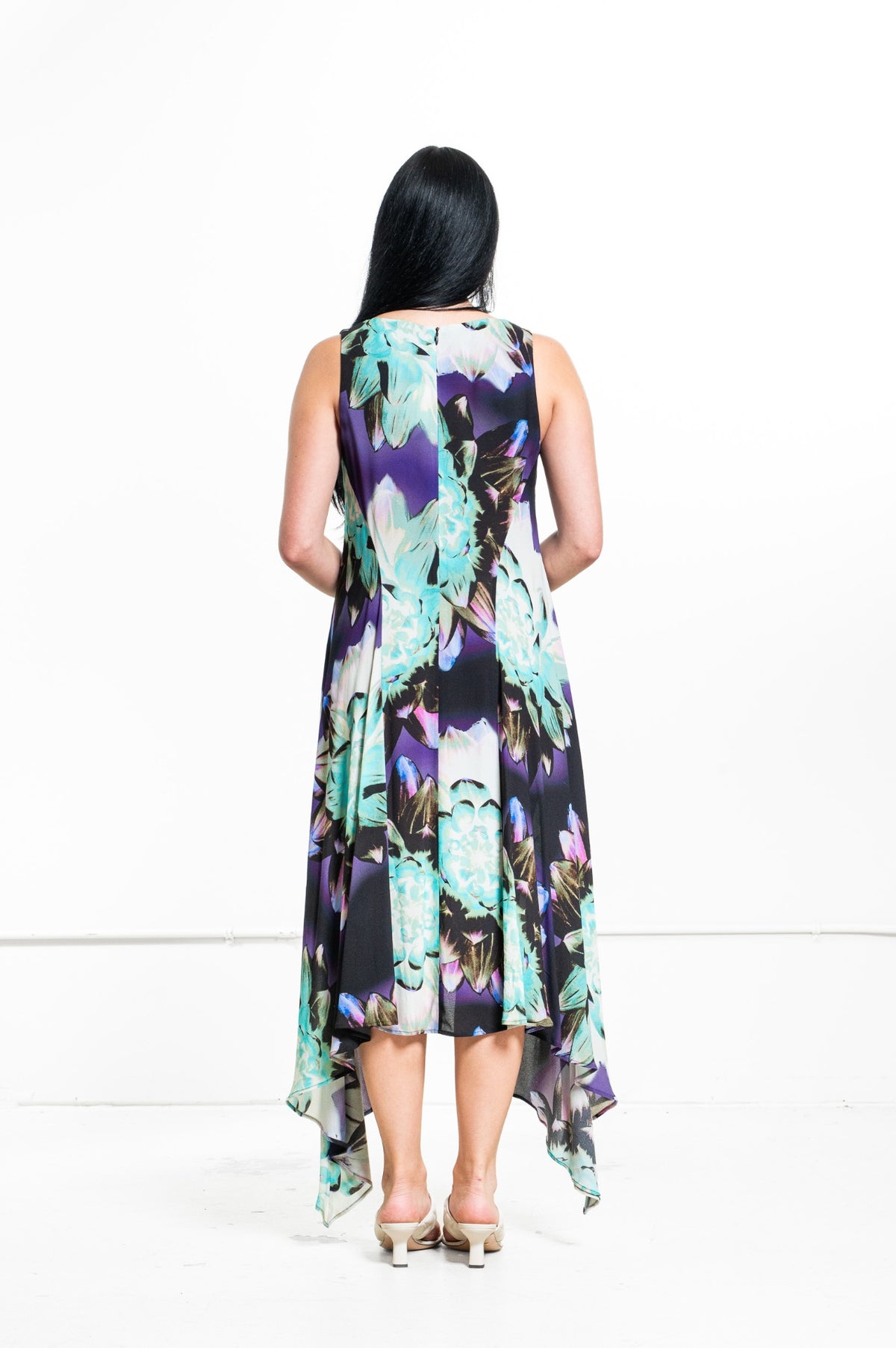 Multicolor V-Neck Sleeveless Floral Midi Dress with Handkerchief Hem