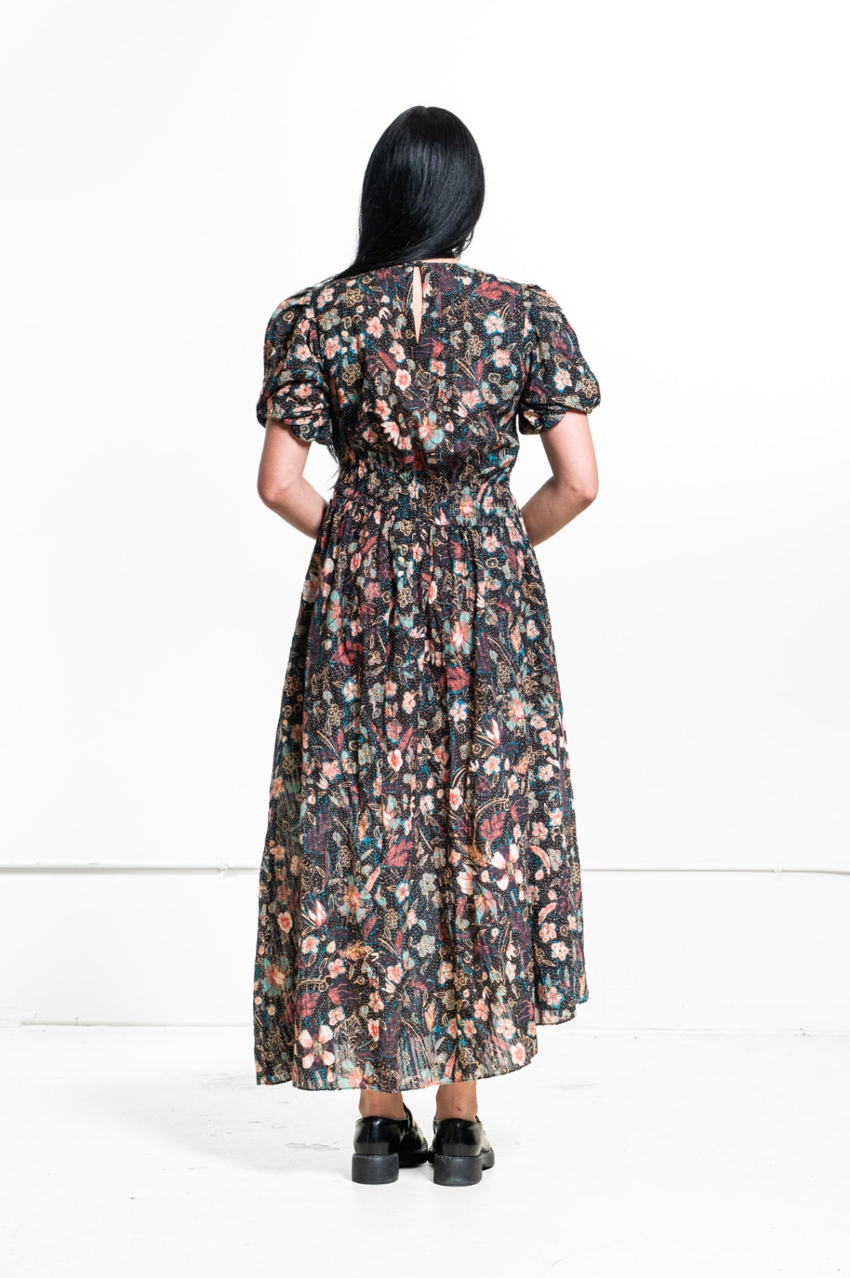 Multicolor Eden Puff-Sleeve Floral Print Midi Dress