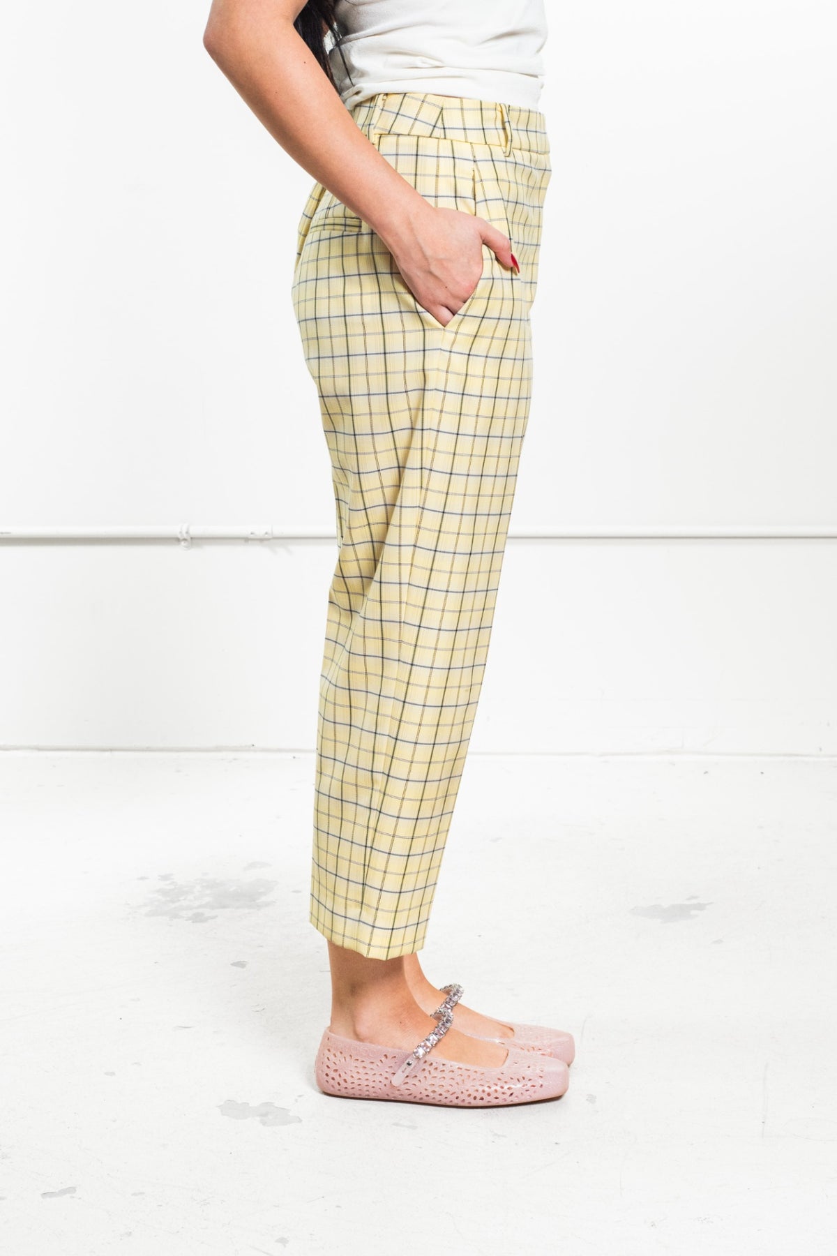 Yellow Plaid Print Trousers