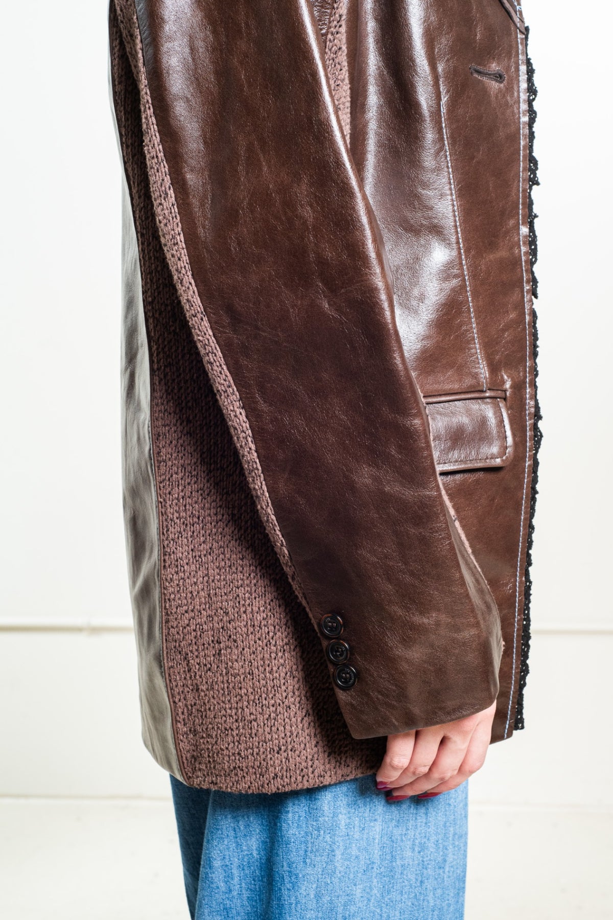 Brown Genuine Leather Jacket with Knit Panelling