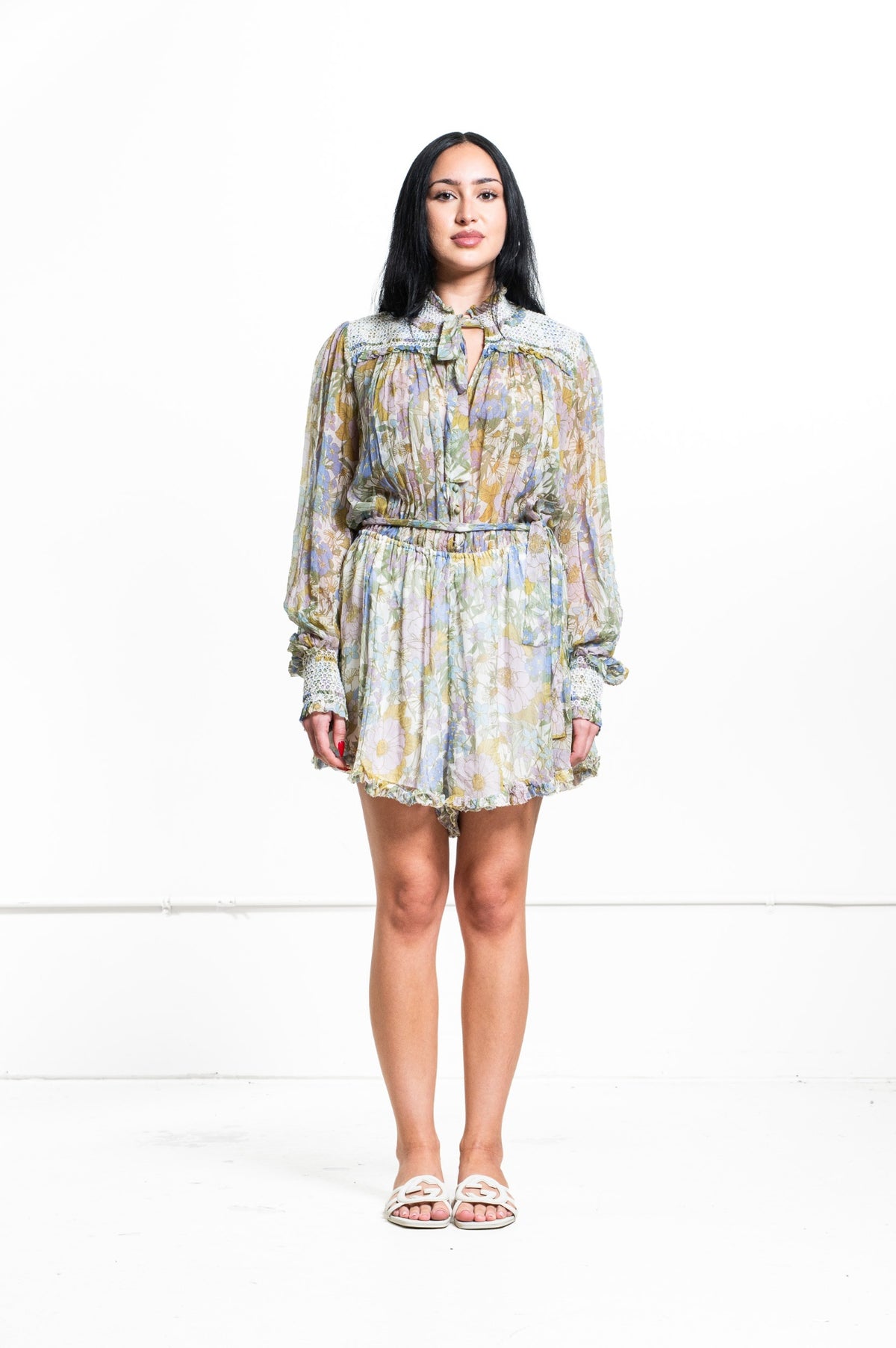 Multicolored Floral Super Eight Silk Long-Sleeve Romper