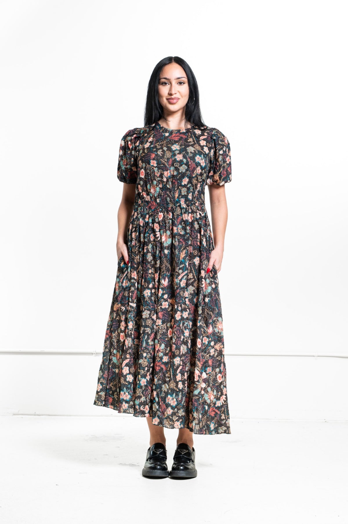 Multicolor Eden Puff-Sleeve Floral Print Midi Dress