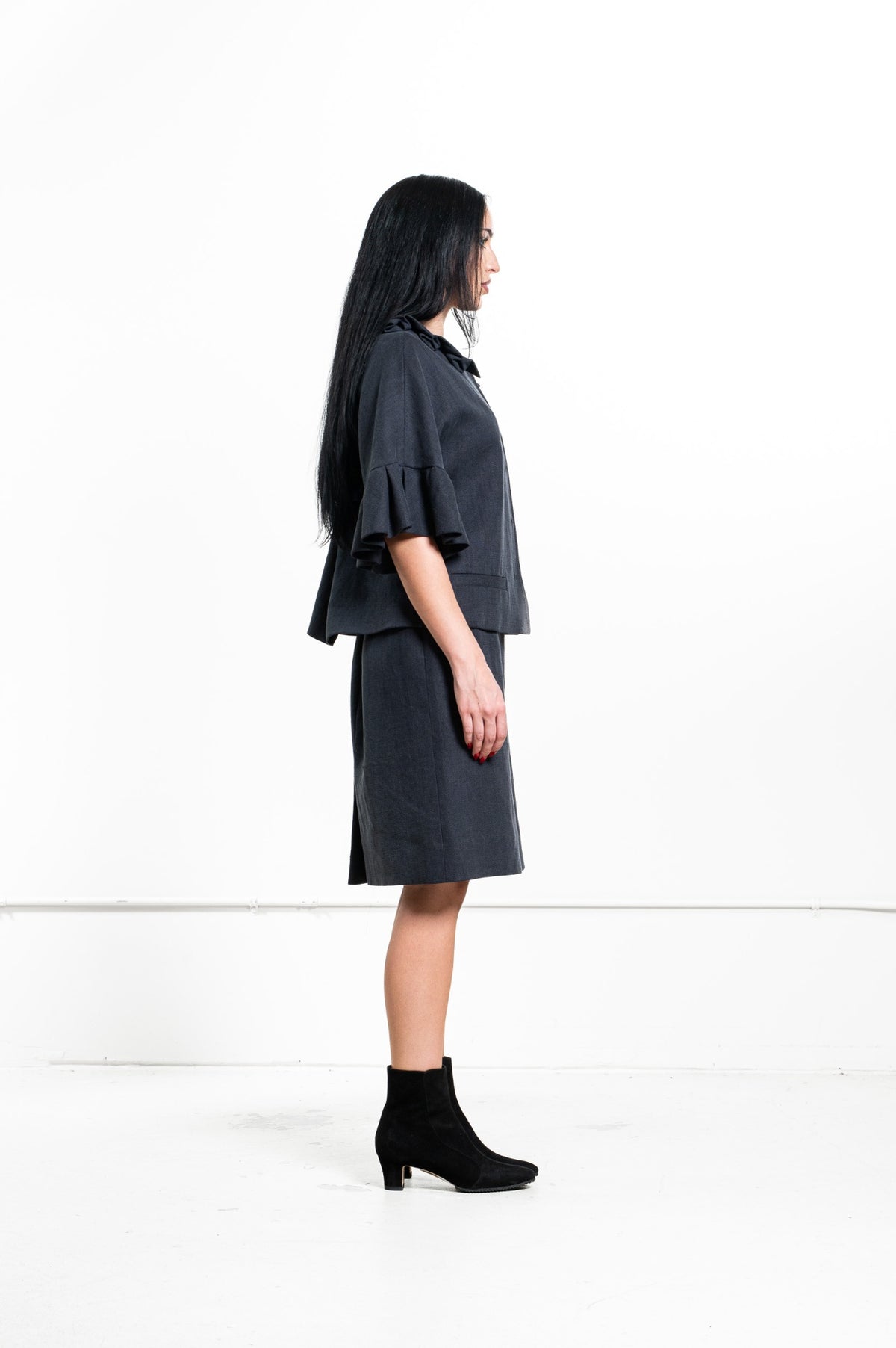 Dark Gray Woven Ruffle Neck Jacket