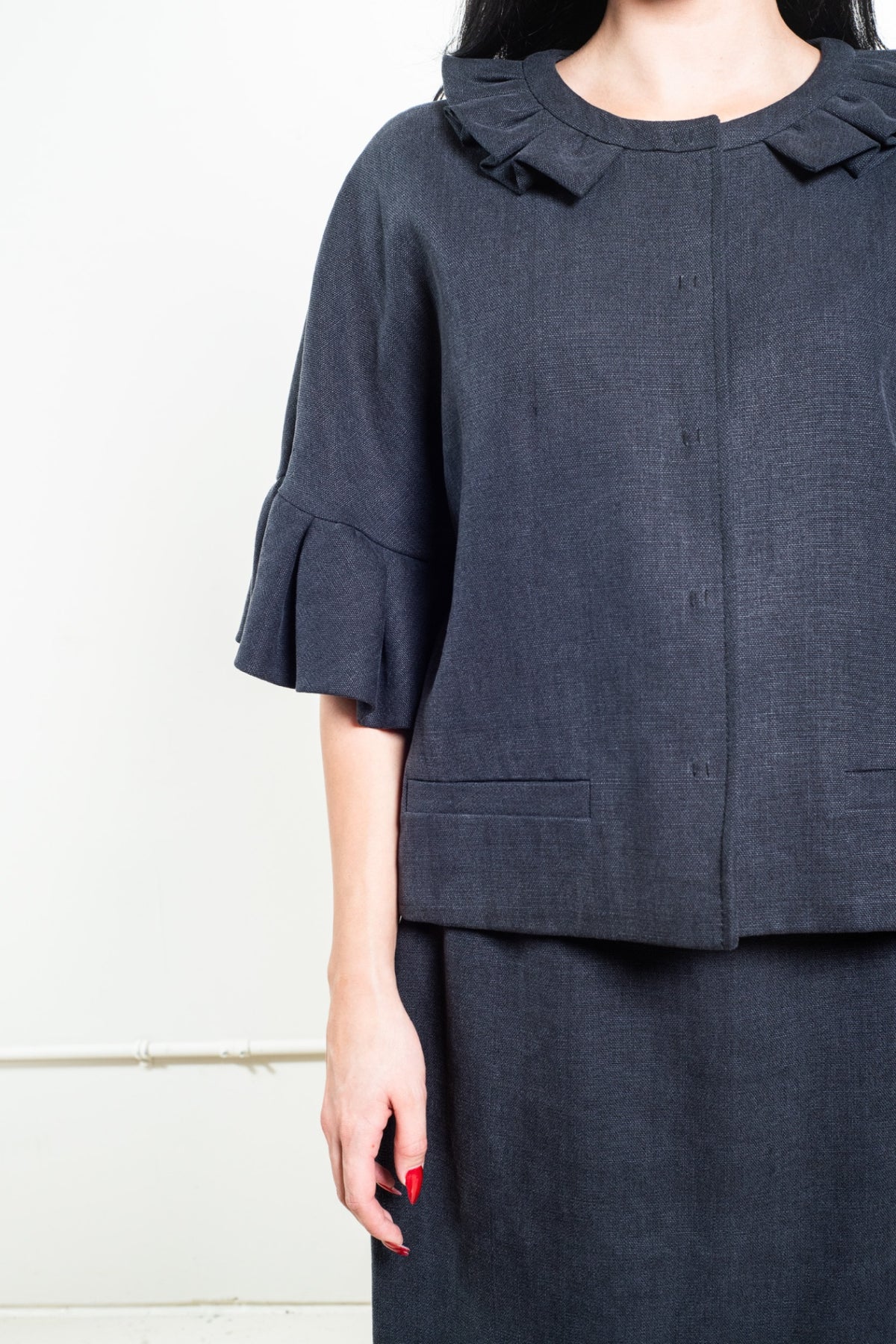 Dark Gray Woven Ruffle Neck Jacket