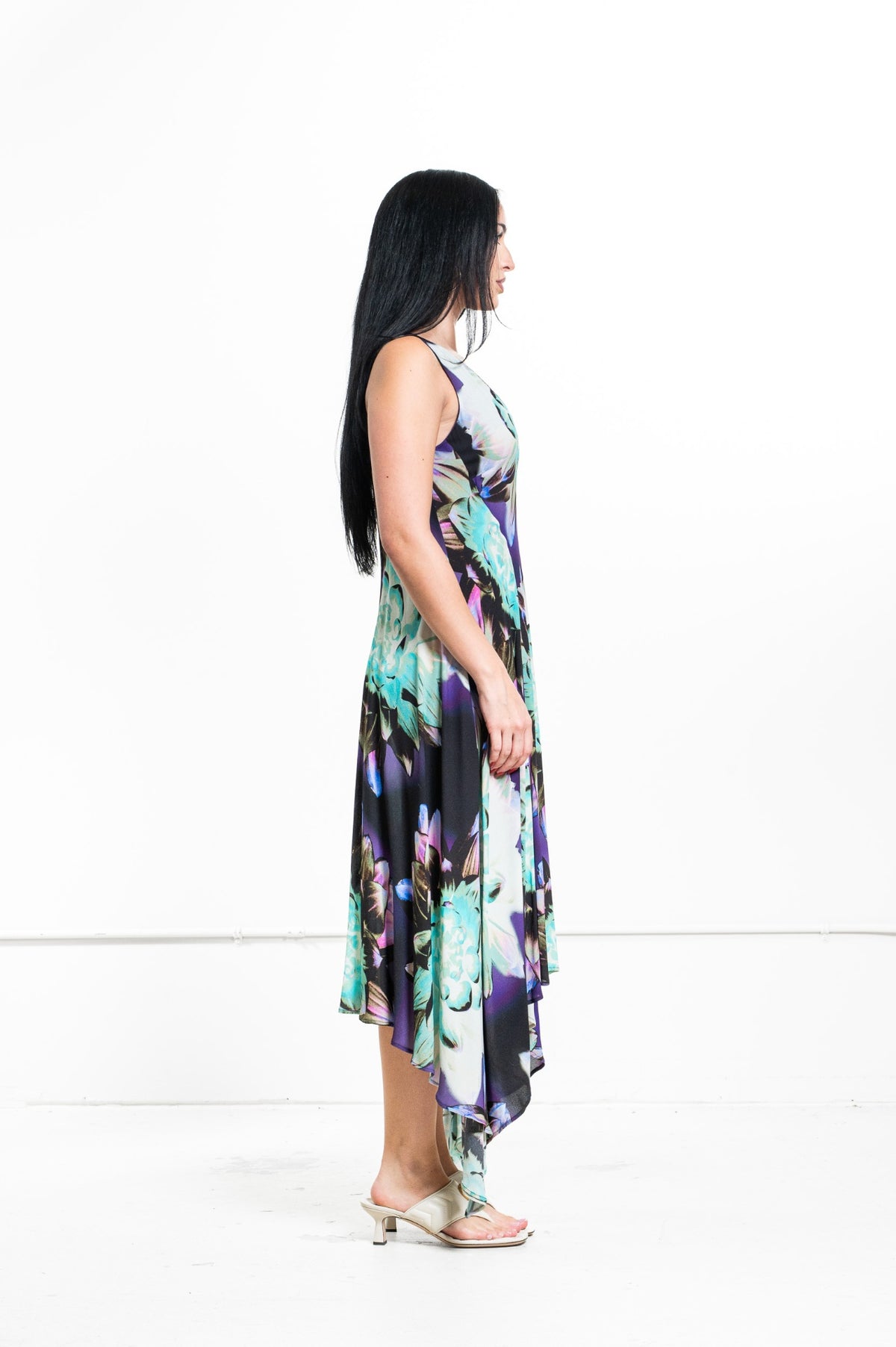 Multicolor V-Neck Sleeveless Floral Midi Dress with Handkerchief Hem