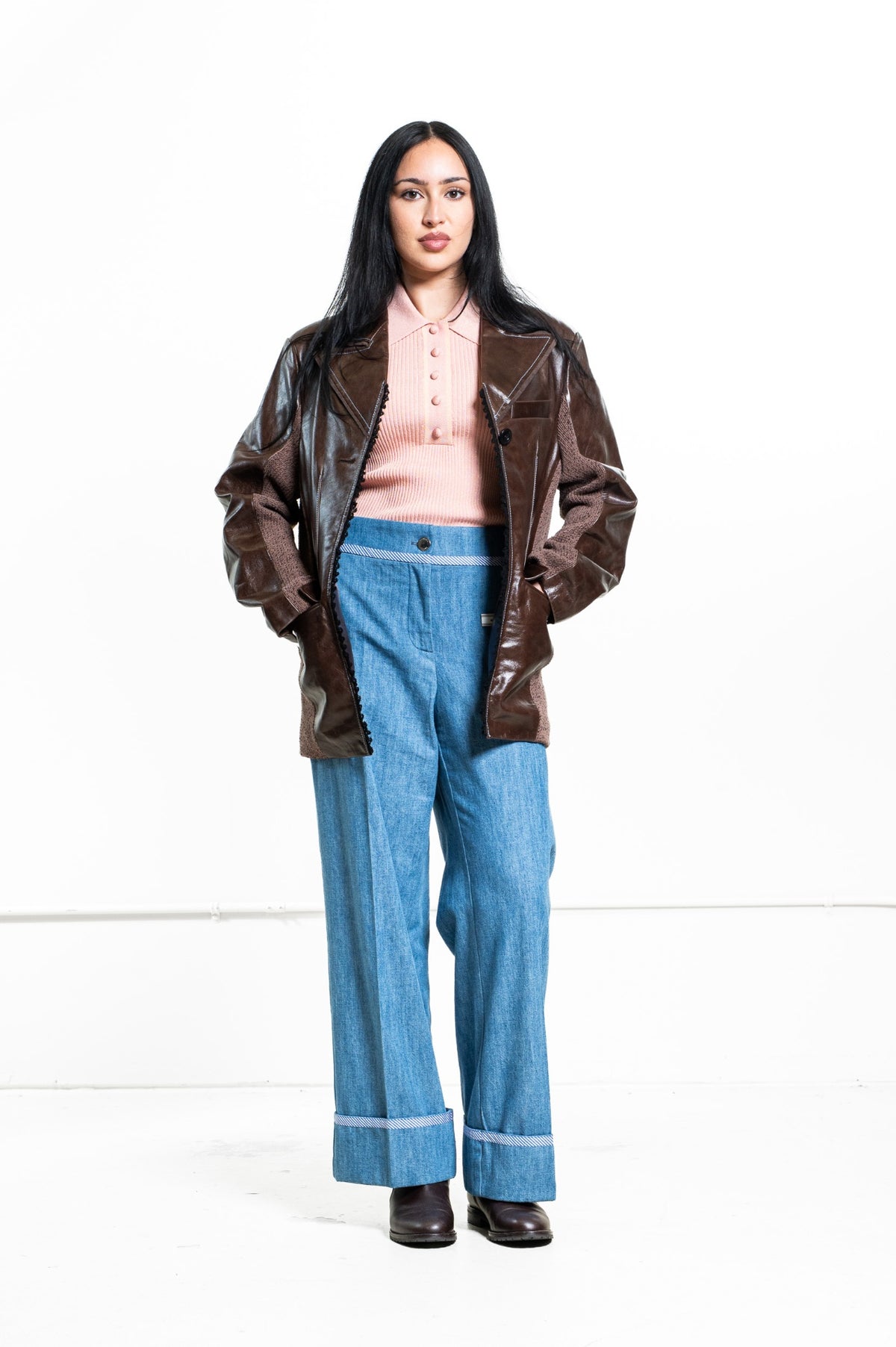 Brown Genuine Leather Jacket with Knit Panelling