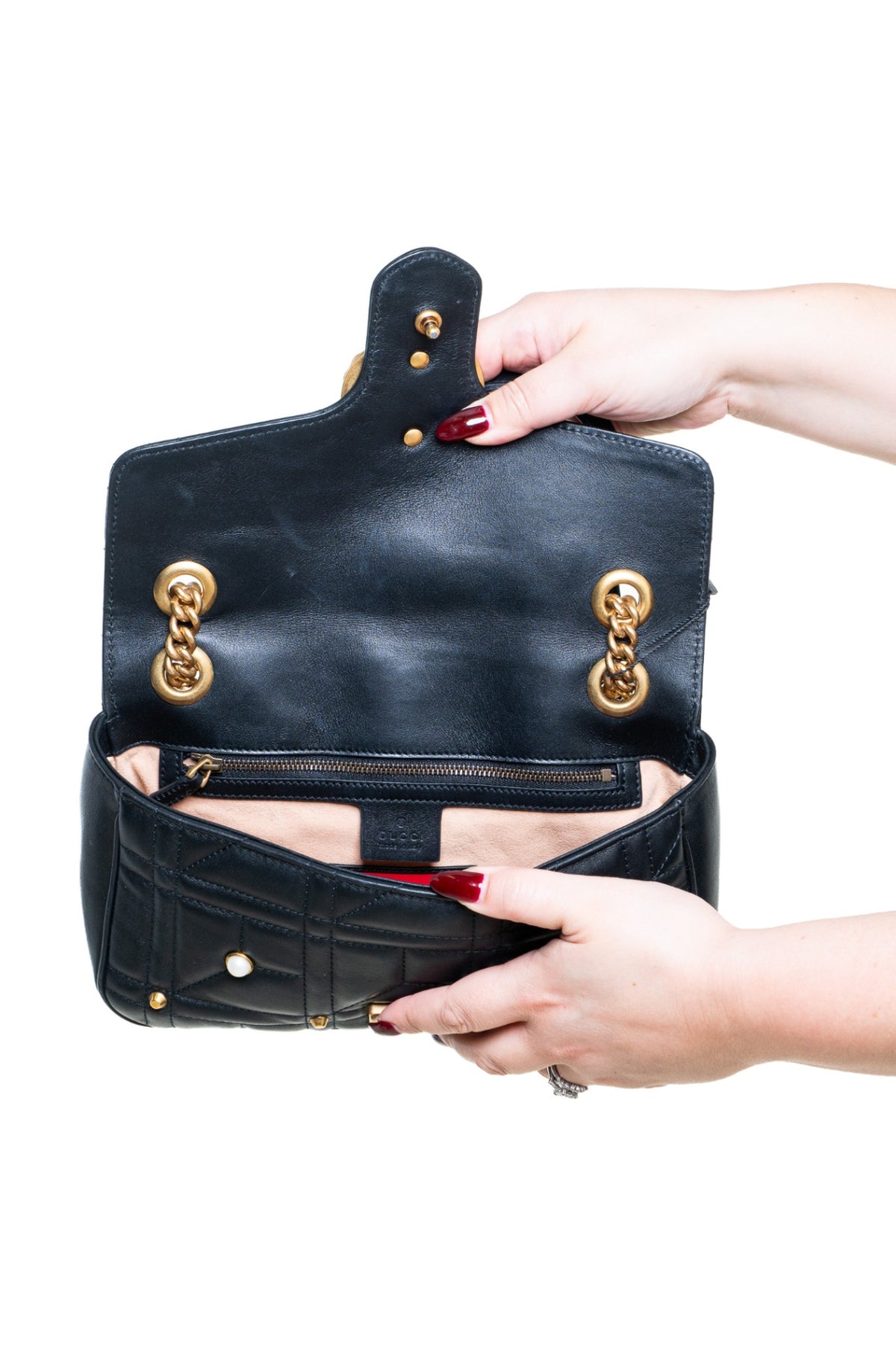 Black Medium Flap Pearl Stud Flap Bag
