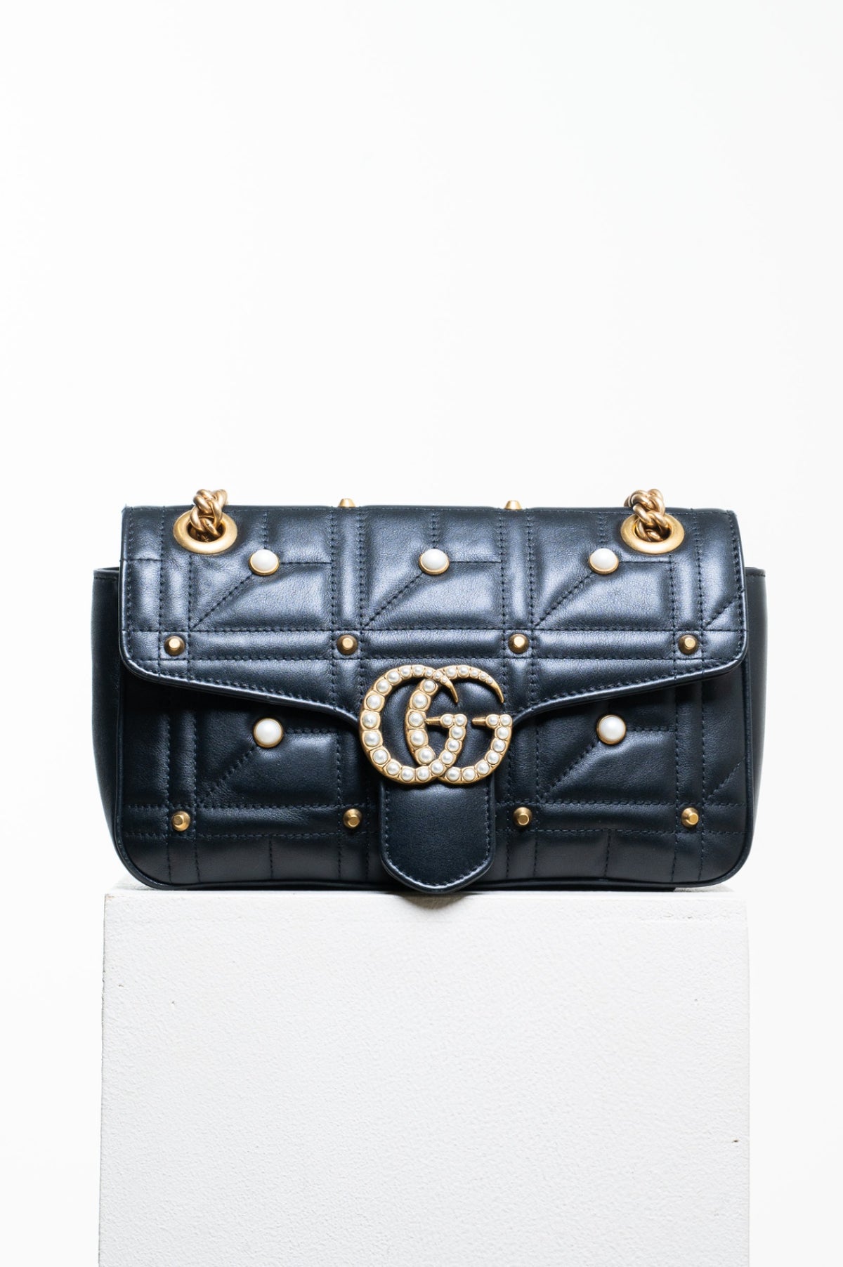 Black Medium Flap Pearl Stud Flap Bag