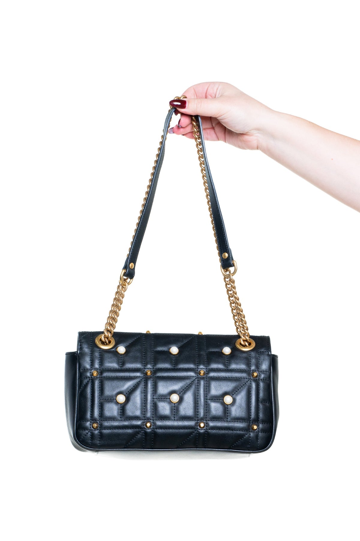 Black Medium Flap Pearl Stud Flap Bag