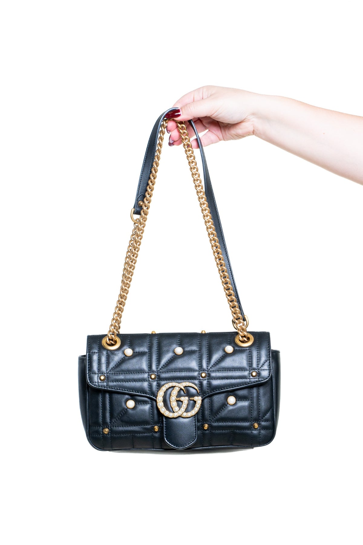 Black Medium Flap Pearl Stud Flap Bag