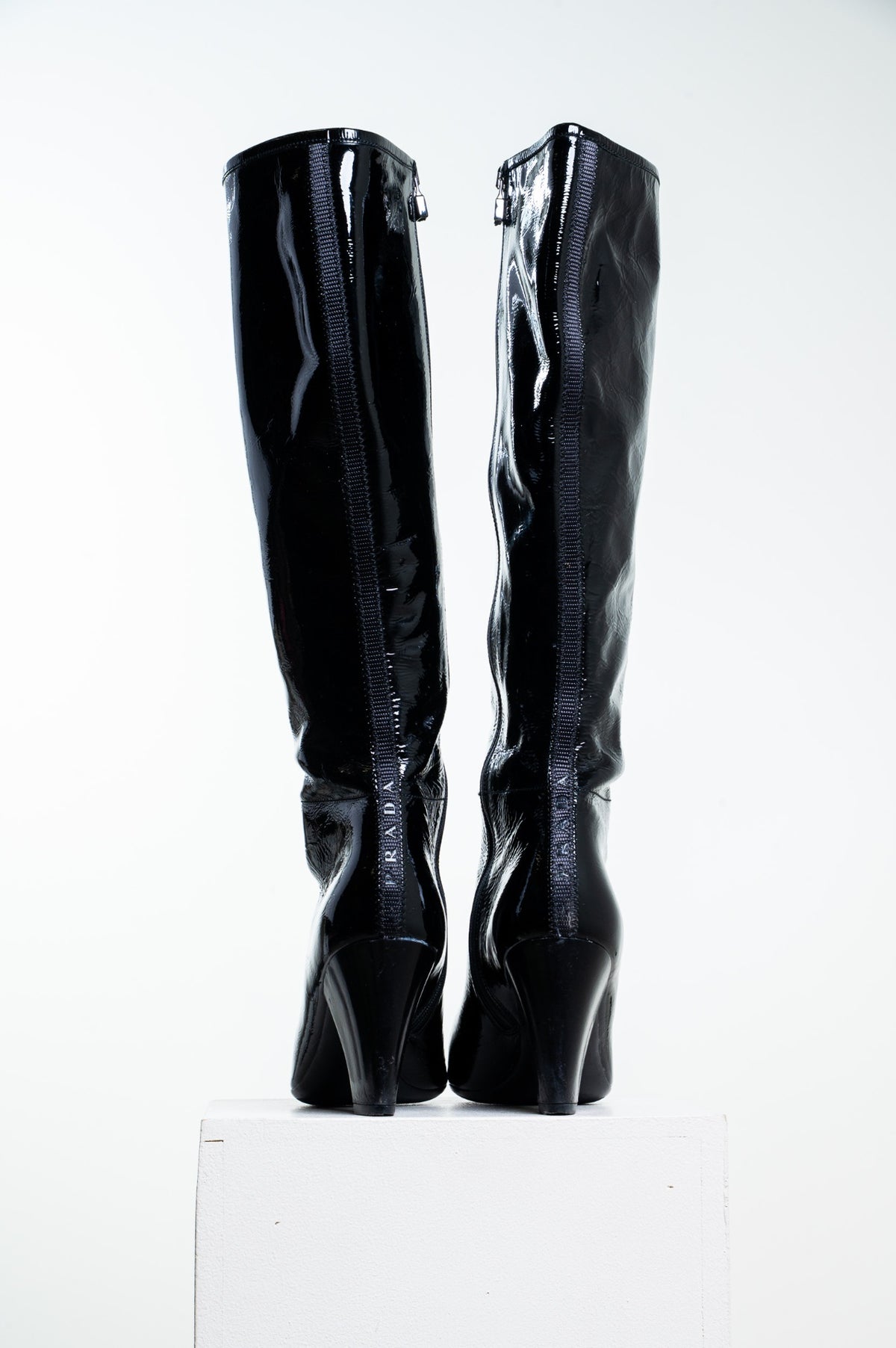 Black Crinkled Patent Leather Knee High Boots