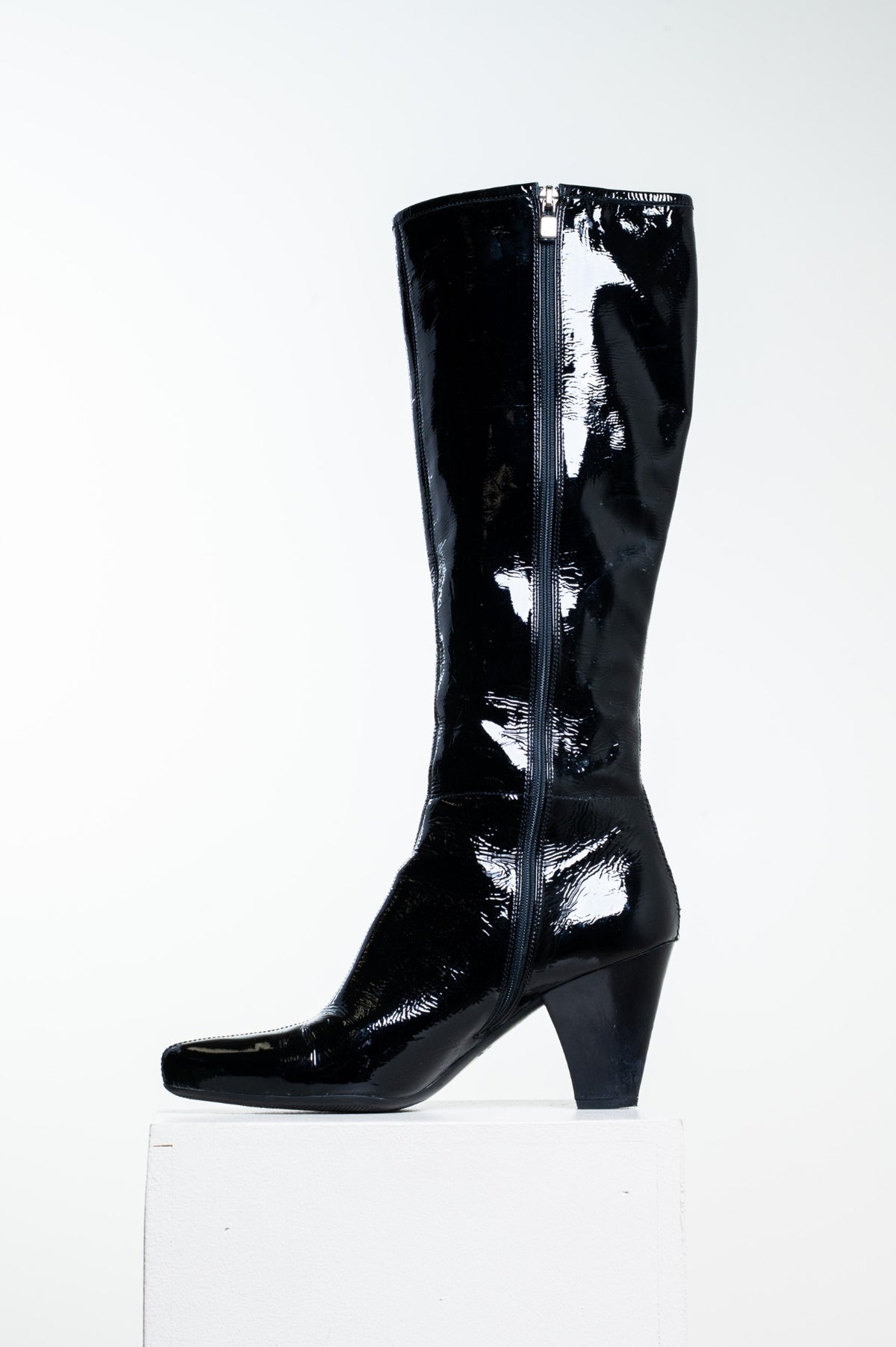 Black Crinkled Patent Leather Knee High Boots