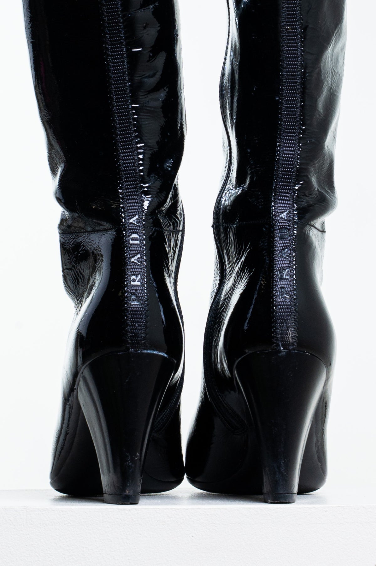 Black Crinkled Patent Leather Knee High Boots