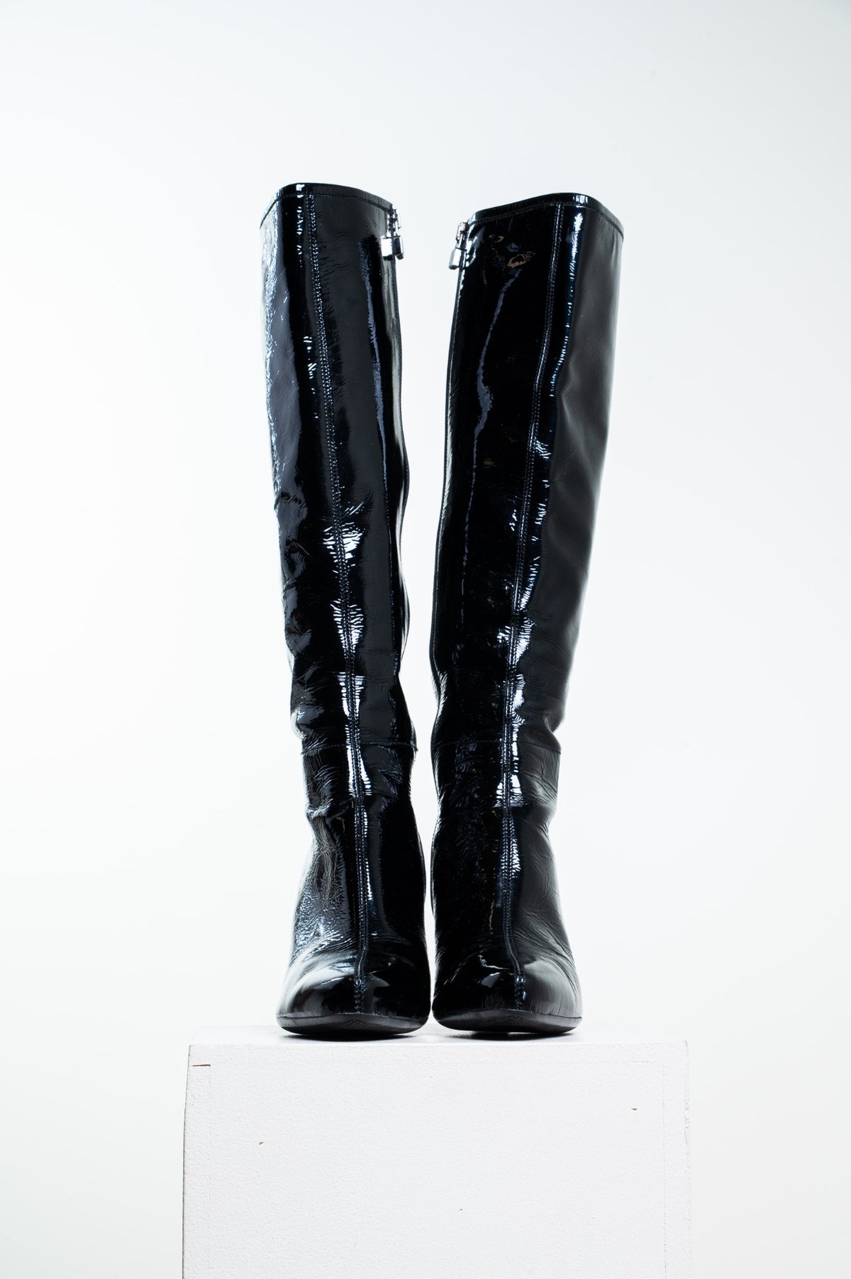 Black Crinkled Patent Leather Knee High Boots
