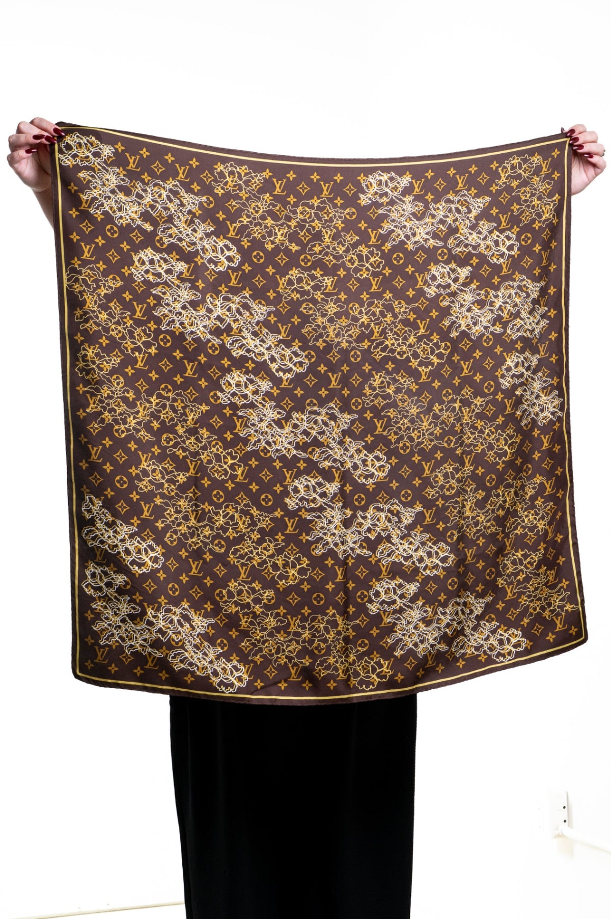 Brown and Gold Silk Monogram Scarf