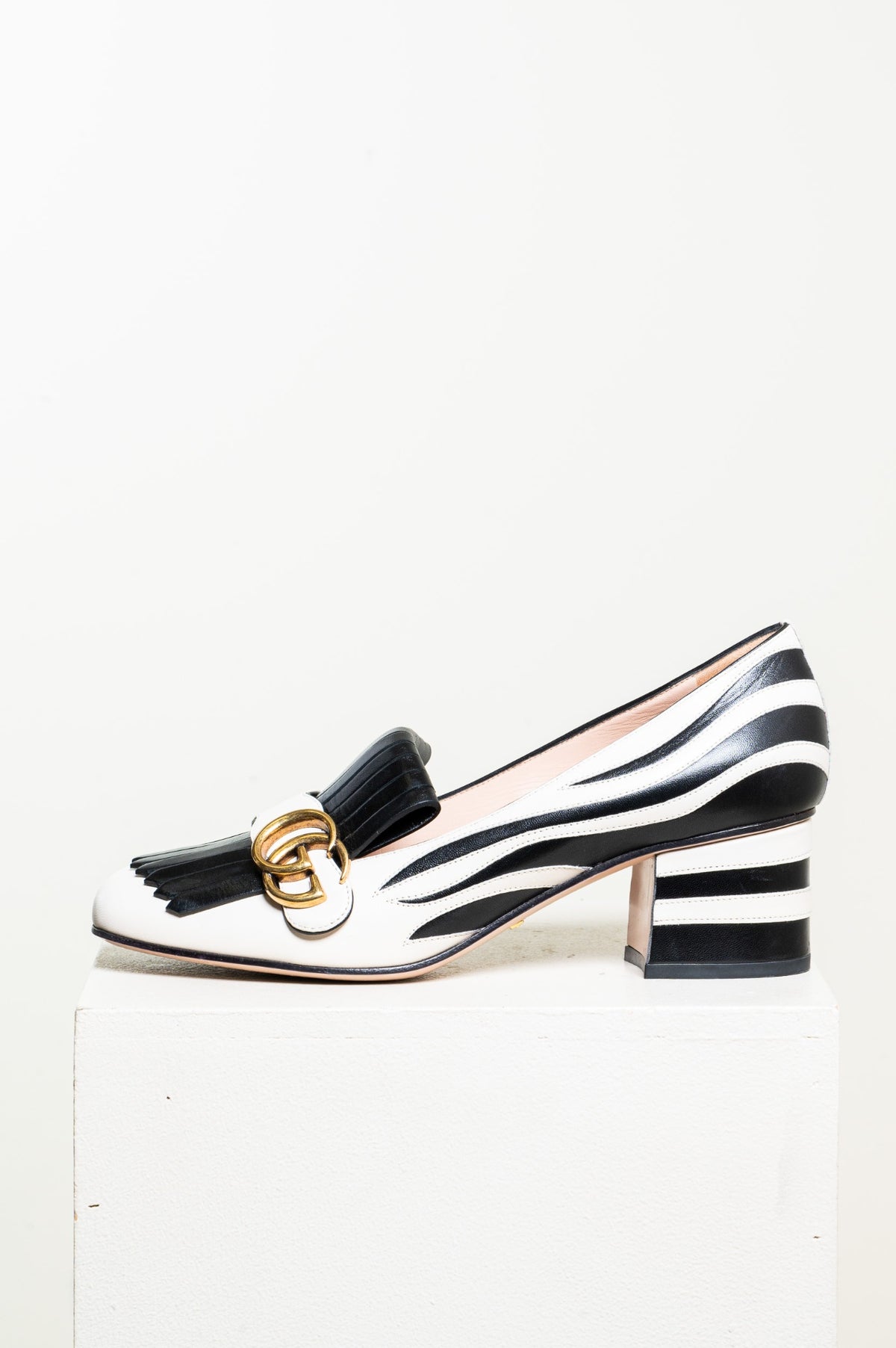 Black and White GG Marmont Zebra Fringe Pumps