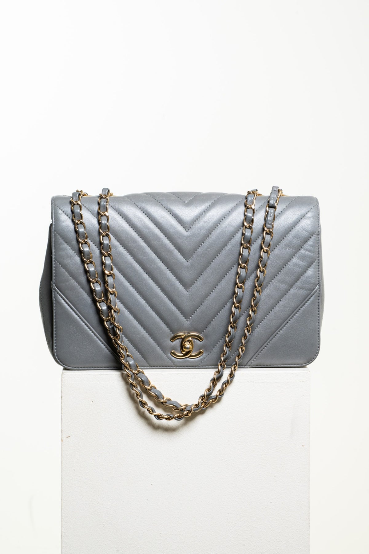 Gray Large Calfskin Statement Flap Bag