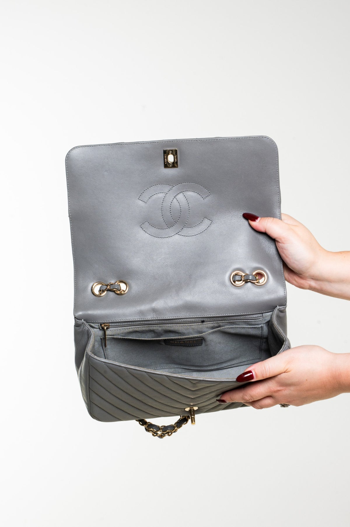 Gray Large Calfskin Statement Flap Bag