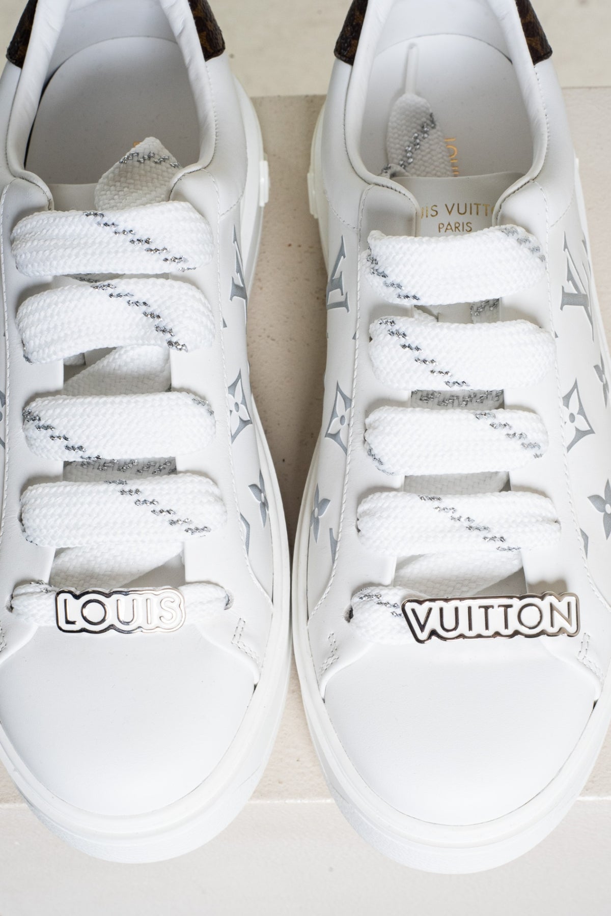 White Time Out Debossed Monogram Leather Low Top Sneaker