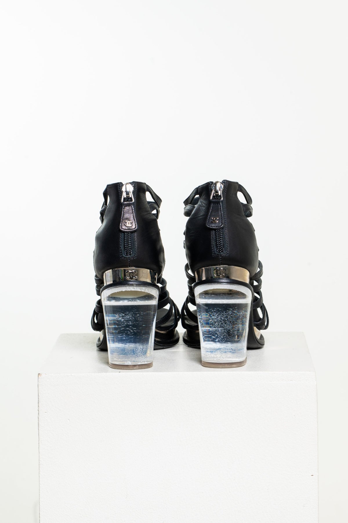 Black Strappy Sandal w/ Clear Block Heel