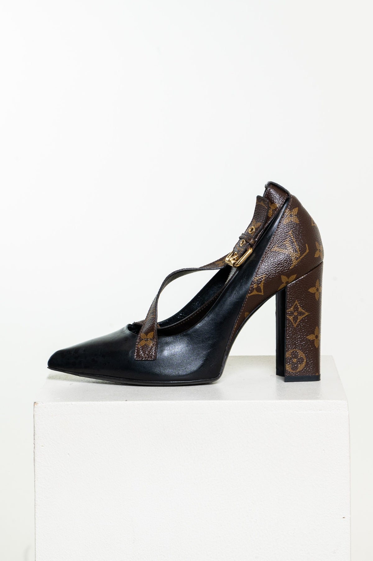 Black Pointed Toe Heel w/ Monogram Ankle Wrap Detail