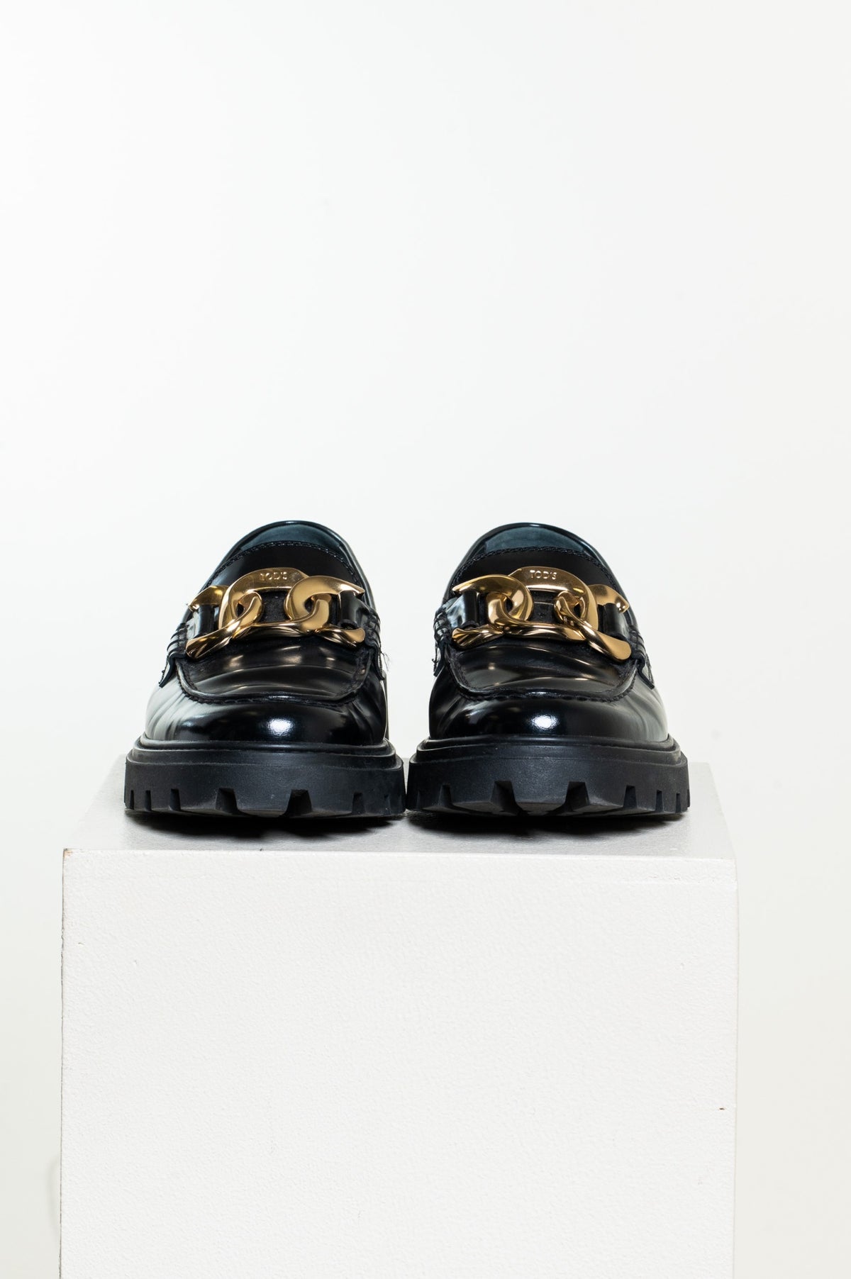 Black Kate Chain Leather Lug Loafers