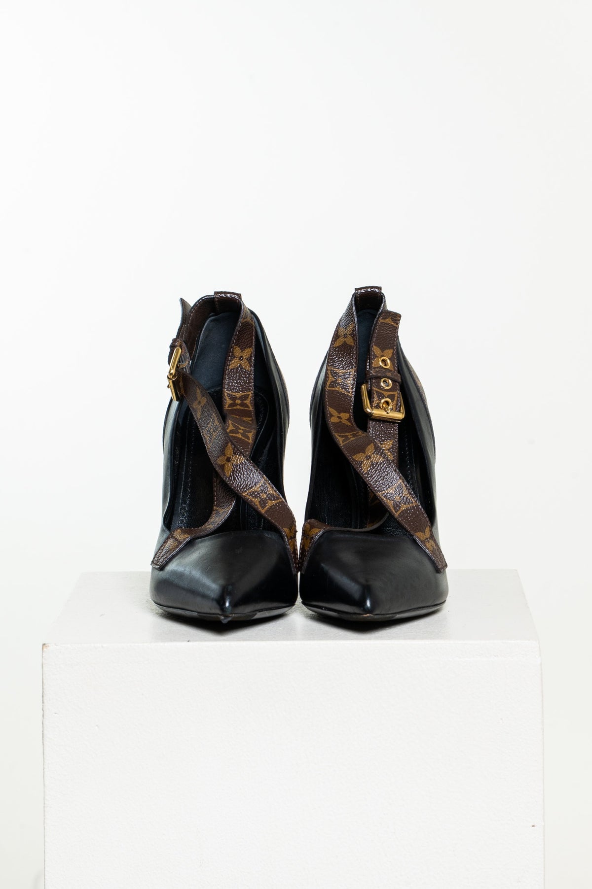 Black Pointed Toe Heel w/ Monogram Ankle Wrap Detail