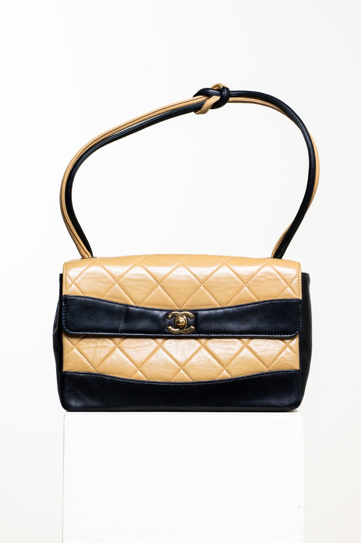 Beige and Black Vintage Medium Lambskin Matelasse Bag