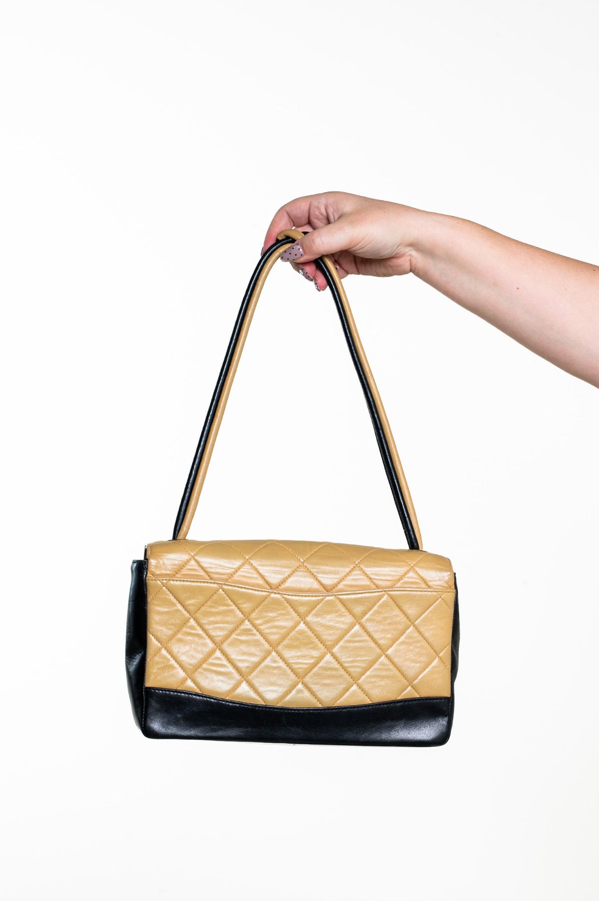 Beige and Black Vintage Medium Lambskin Matelasse Bag