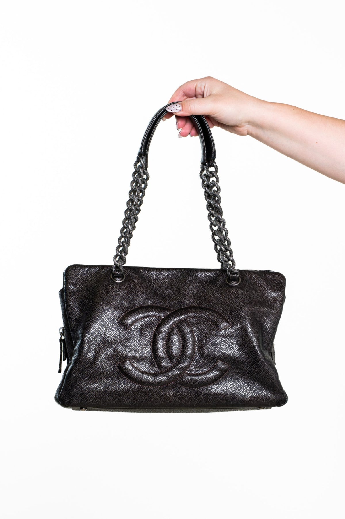 Vintage Brown CC Caviar Leather Chain Tote Bag