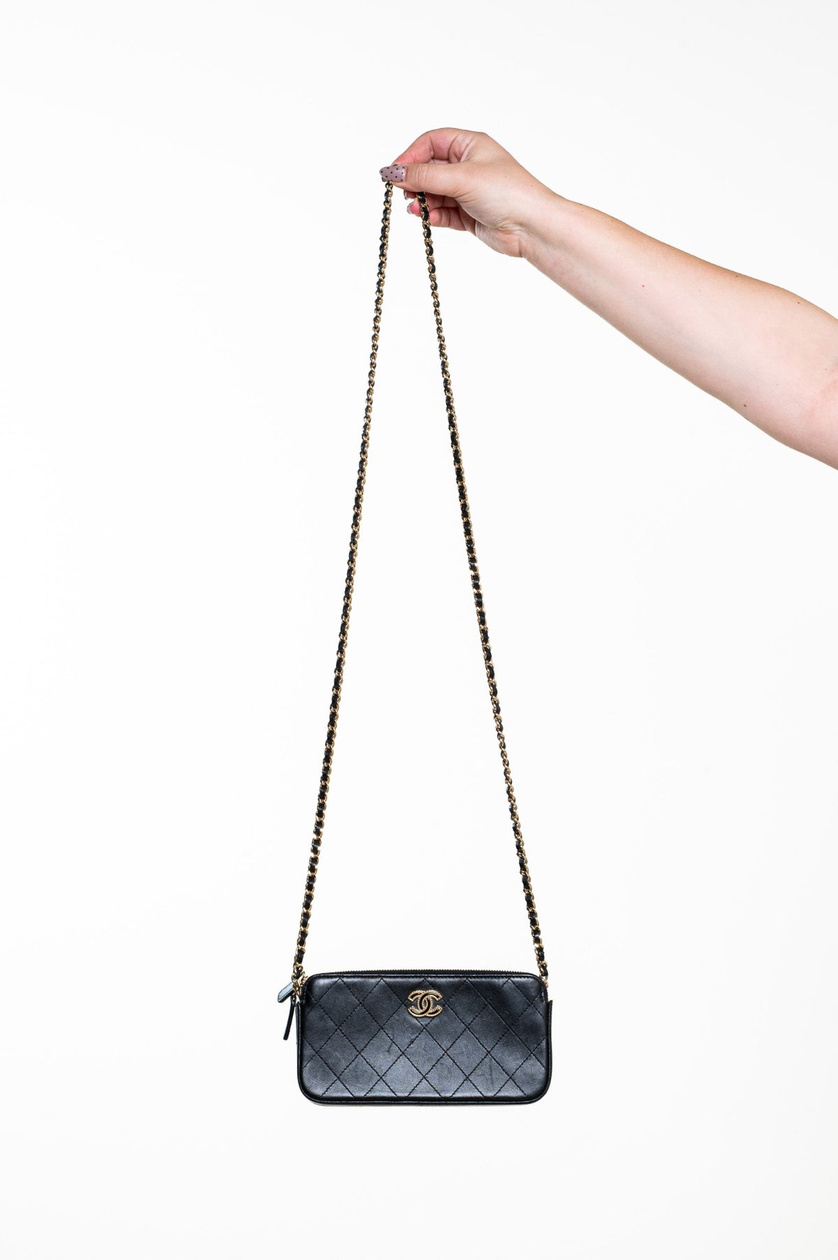Black Lambskin Double Zip Wallet On Chain