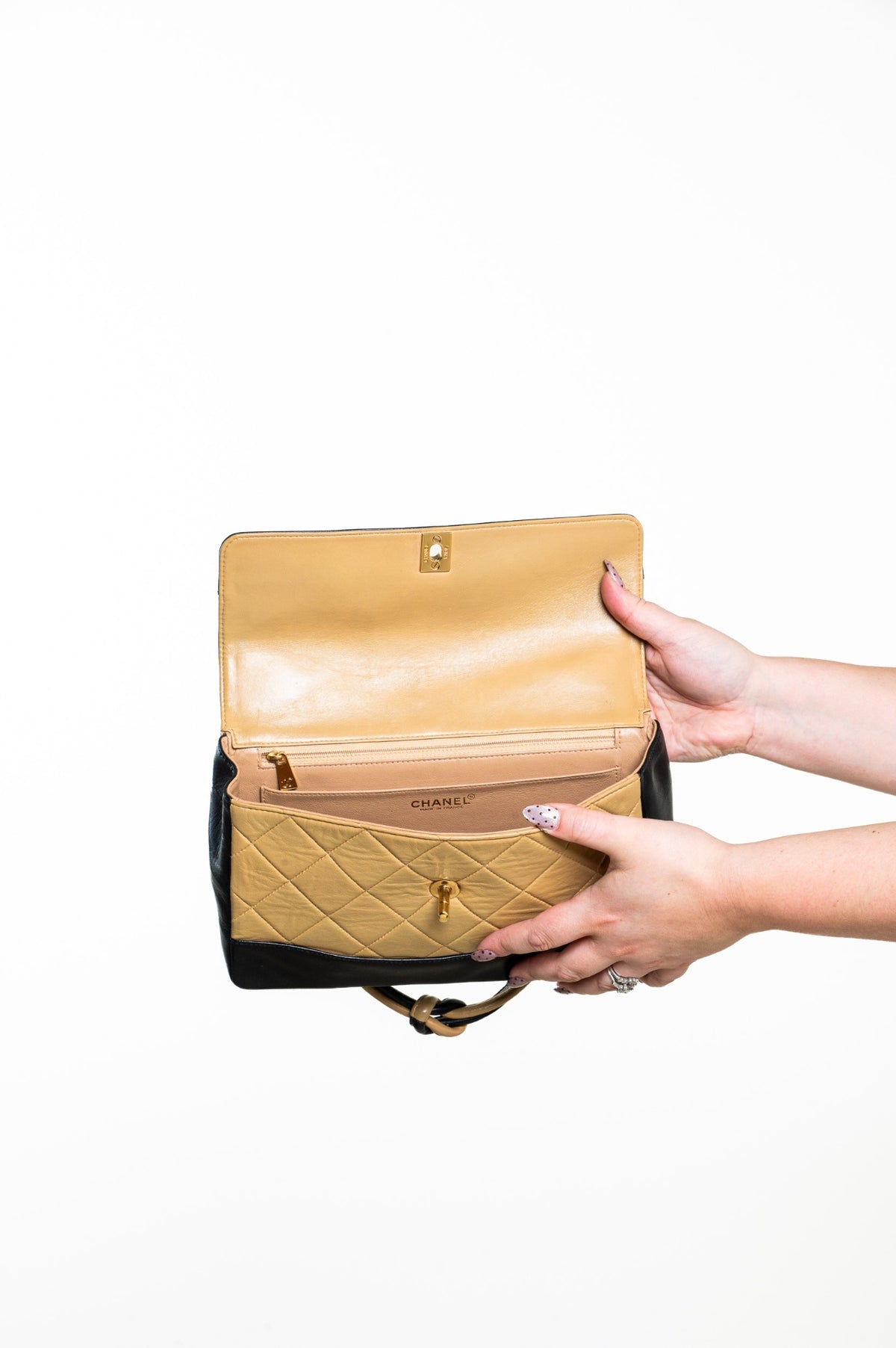 Beige and Black Vintage Medium Lambskin Matelasse Bag