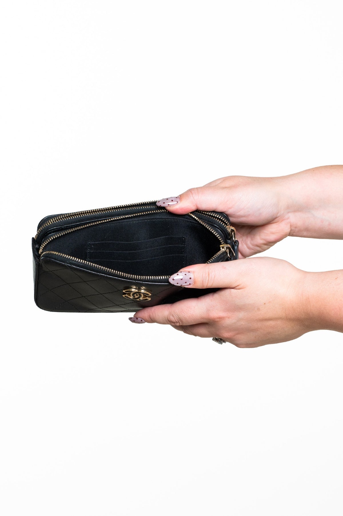 Black Lambskin Double Zip Wallet On Chain